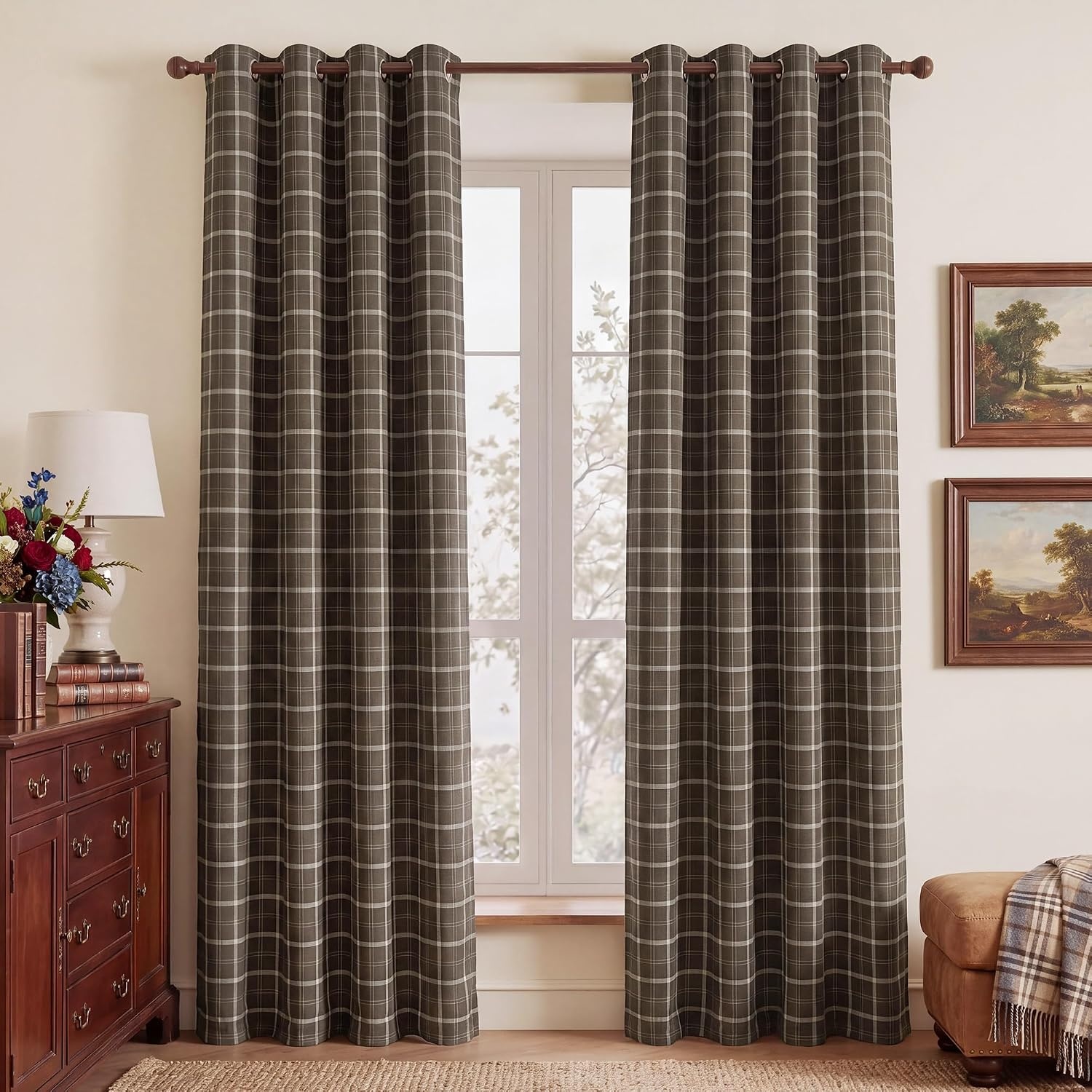 image:imageNICETOWN Taupe 100 Blackout Plaid Cabin Buffalo Gingham Curtain 52W x 84LPlaid Brown White