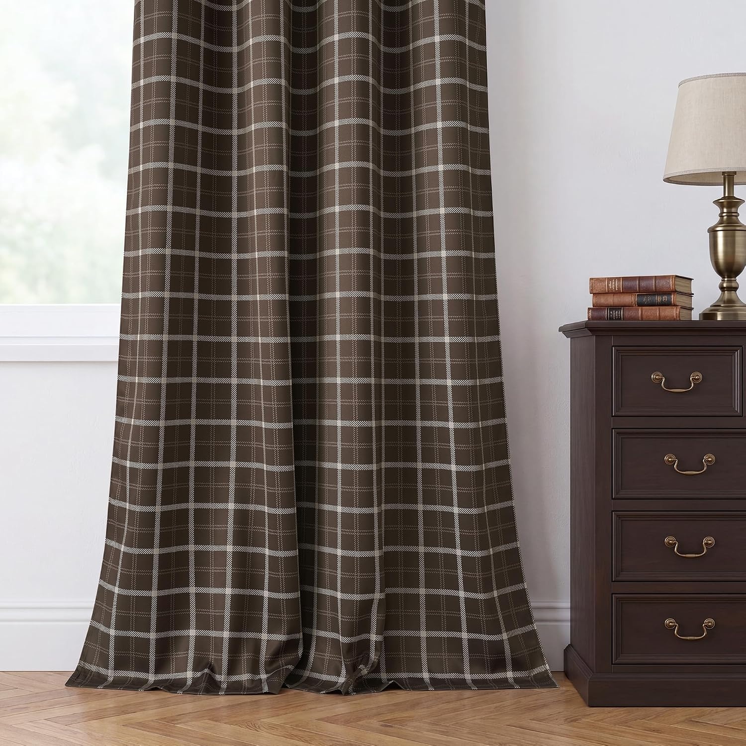 image:imageNICETOWN Taupe 100 Blackout Plaid Cabin Buffalo Gingham Curtain 52W x 84LPlaid Brown White