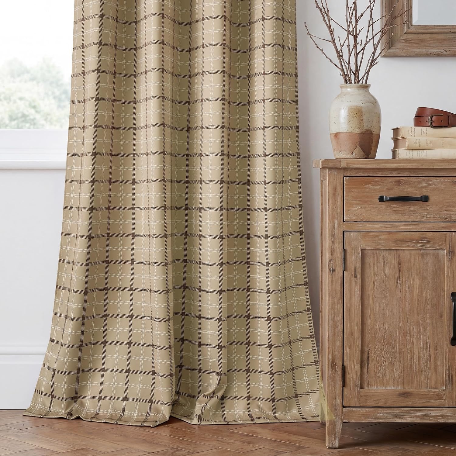 image:imageNICETOWN Taupe 100 Blackout Plaid Cabin Buffalo Gingham Curtain 52W x 84LPlaid Burlap White