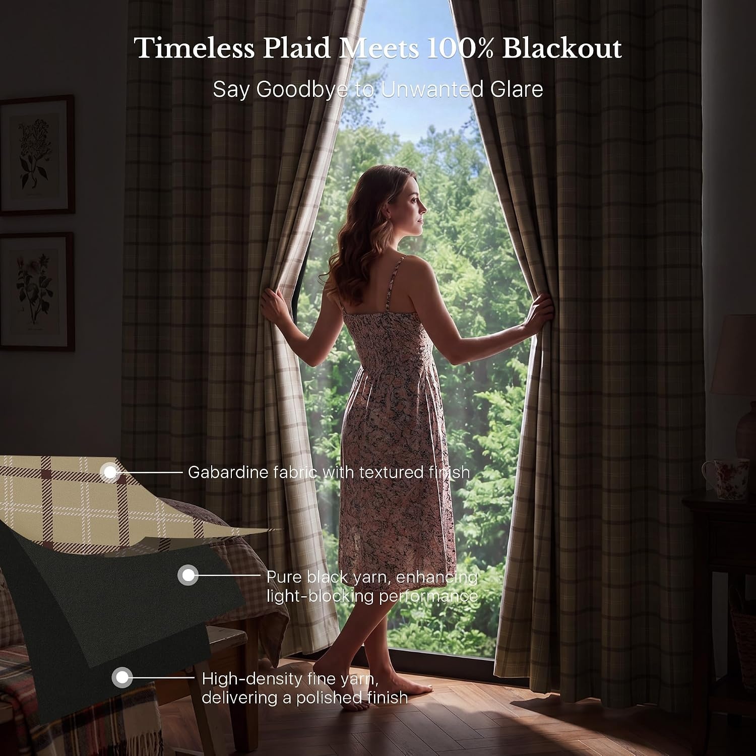 image:imageNICETOWN Taupe 100 Blackout Plaid Cabin Buffalo Gingham Curtain 52W x 84LPlaid Burlap White