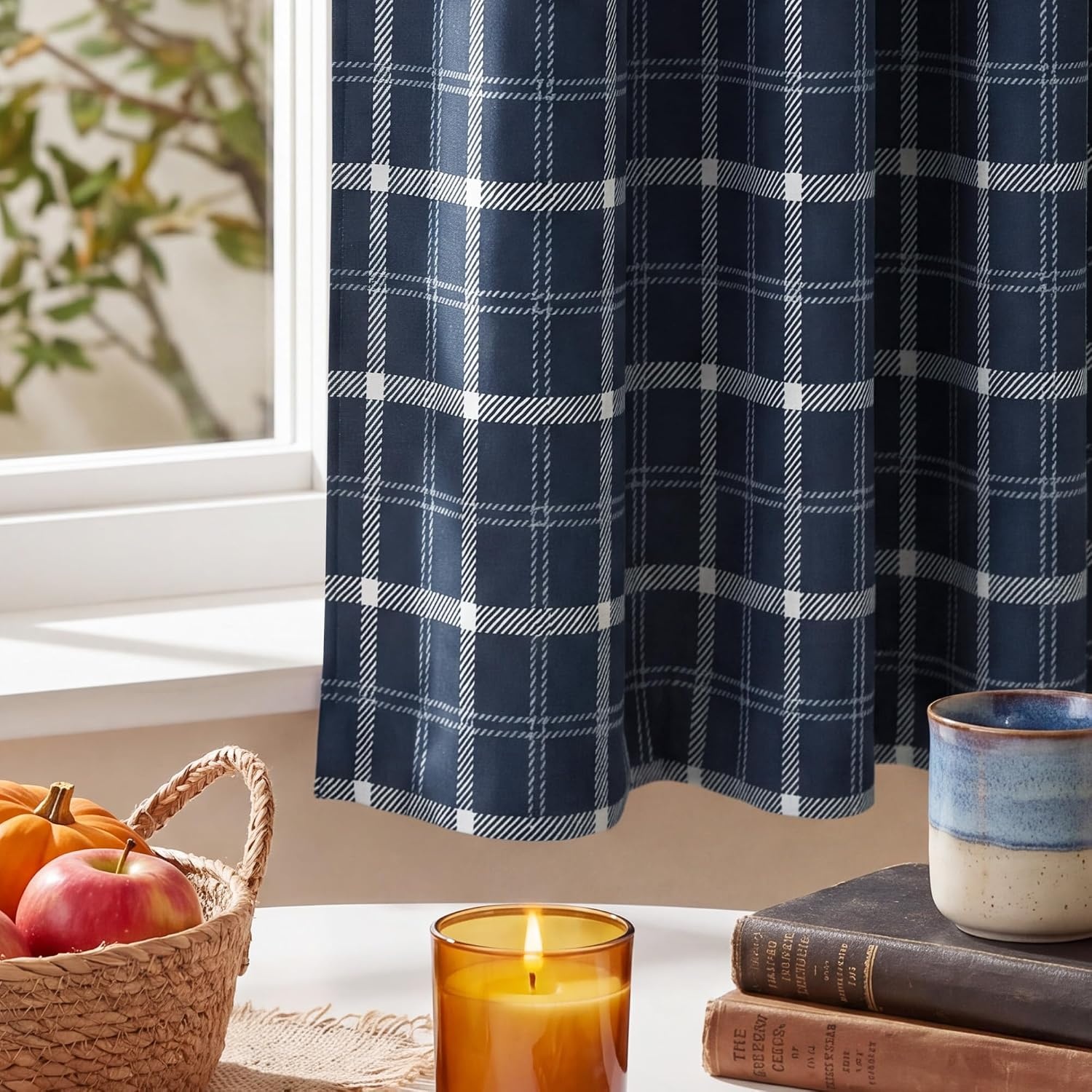 image:imageNICETOWN Taupe 100 Blackout Plaid Cabin Buffalo Gingham Curtain 52W x 84LPlaid Dark Blue White