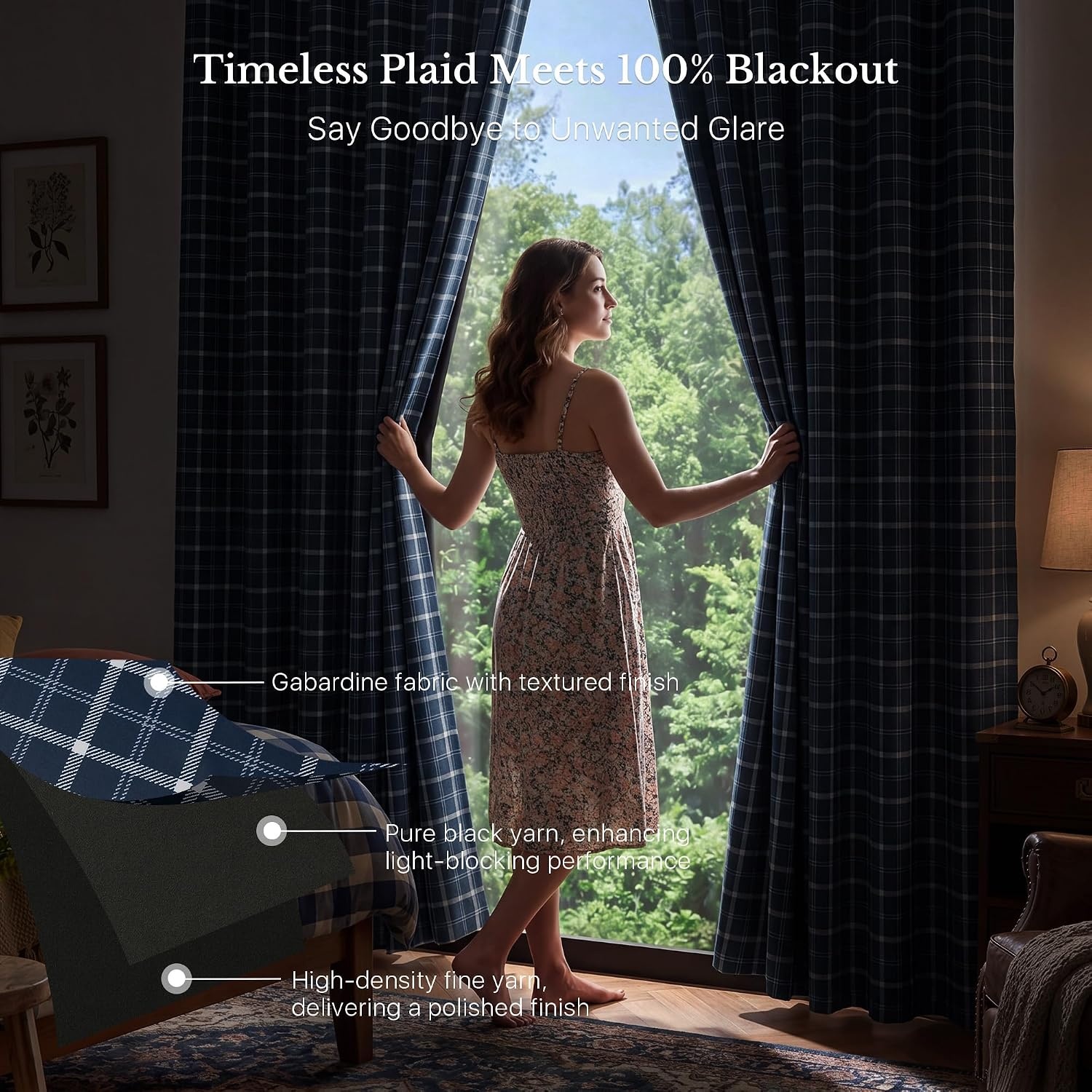 image:imageNICETOWN Taupe 100 Blackout Plaid Cabin Buffalo Gingham Curtain 52W x 84LPlaid Dark Blue White