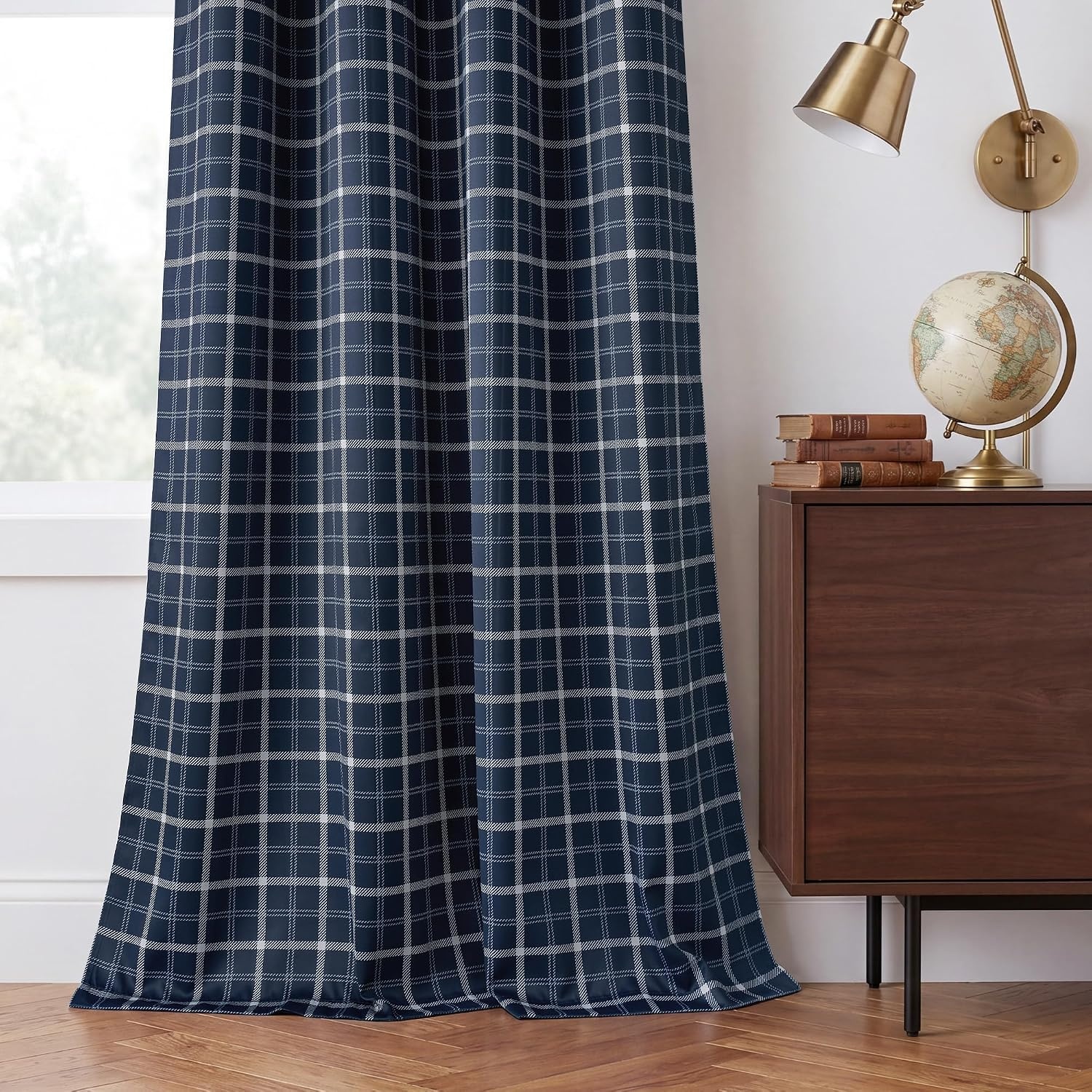 image:imageNICETOWN Taupe 100 Blackout Plaid Cabin Buffalo Gingham Curtain 52W x 84LPlaid Dark Blue White