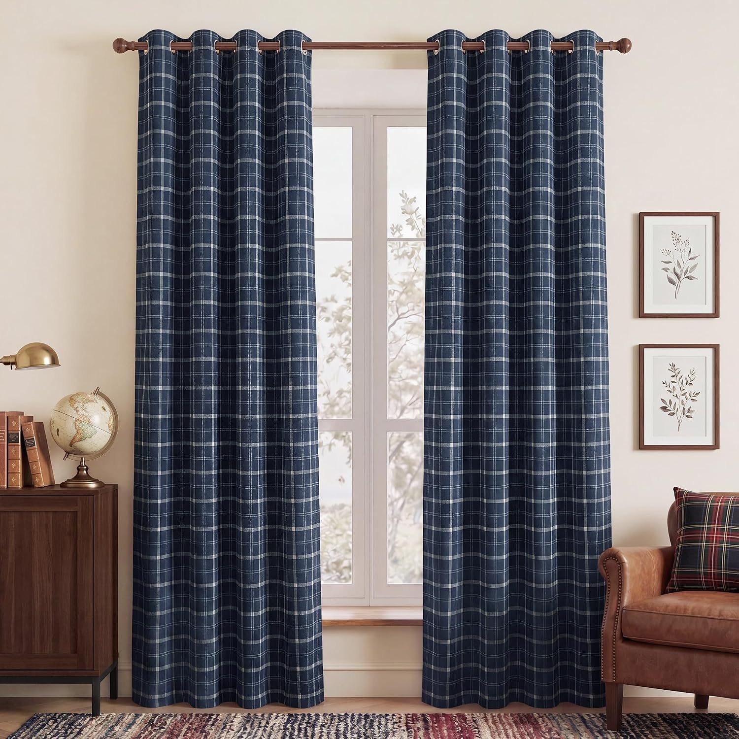 image:imageNICETOWN Taupe 100 Blackout Plaid Cabin Buffalo Gingham Curtain 52W x 84LPlaid Dark Blue White