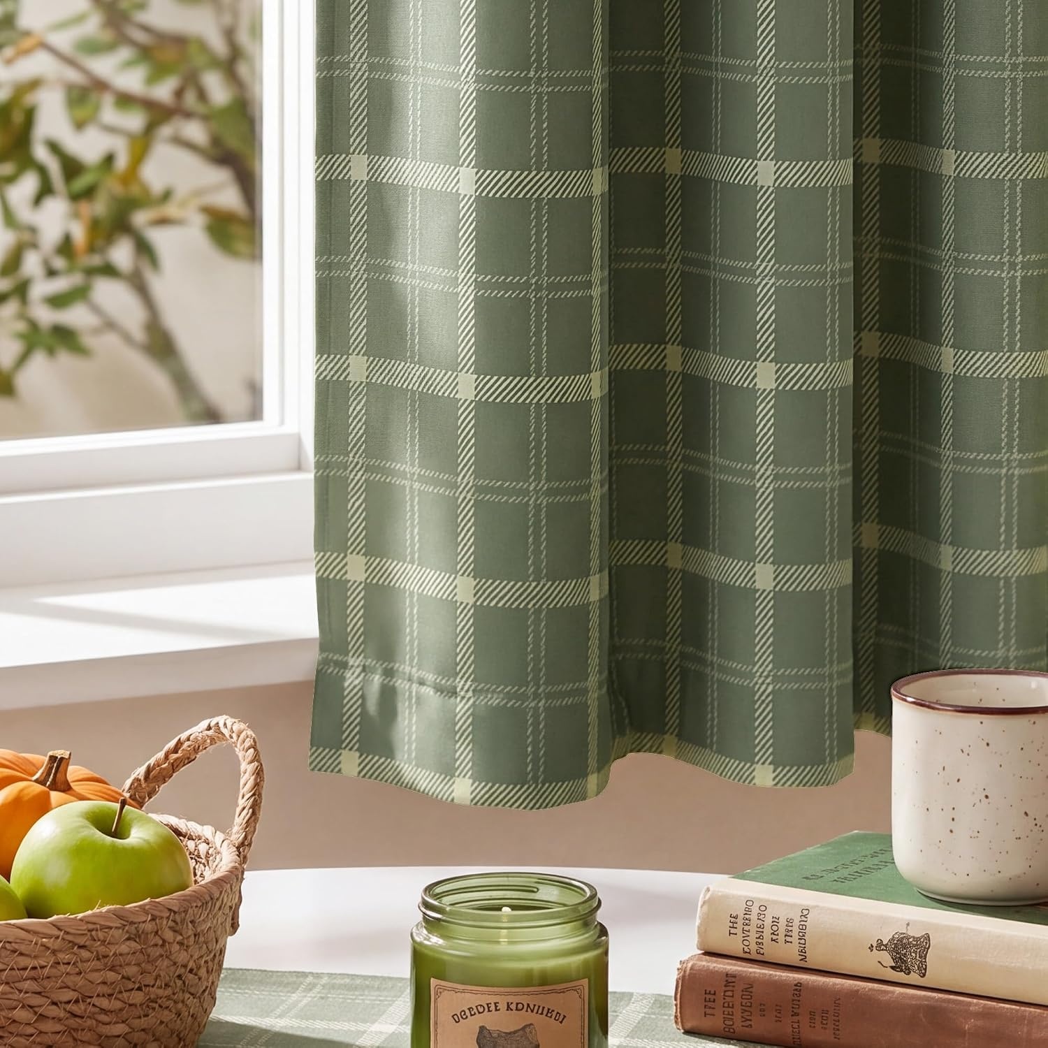 image:imageNICETOWN Taupe 100 Blackout Plaid Cabin Buffalo Gingham Curtain 52W x 84LPlaid Olive Green White
