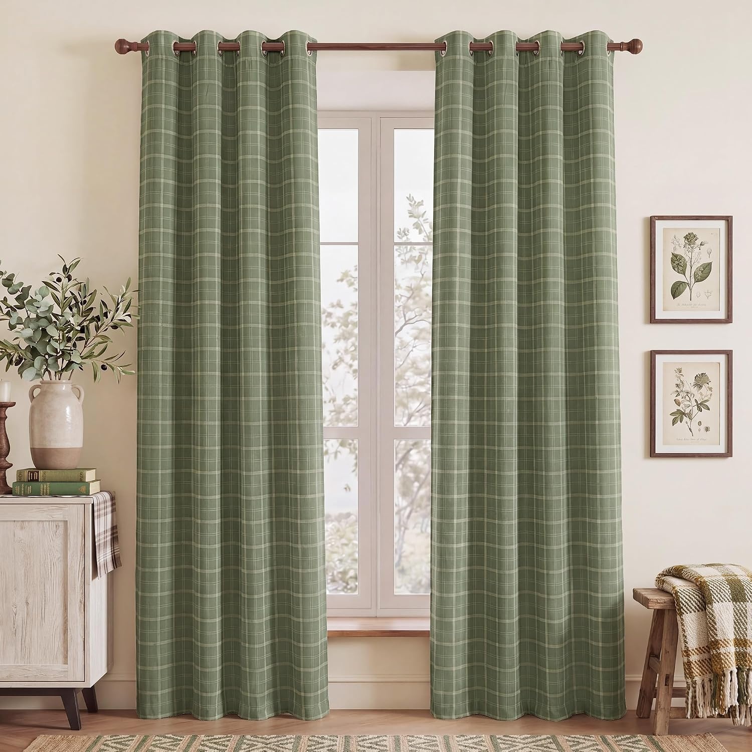 image:imageNICETOWN Taupe 100 Blackout Plaid Cabin Buffalo Gingham Curtain 52W x 84LPlaid Olive Green White