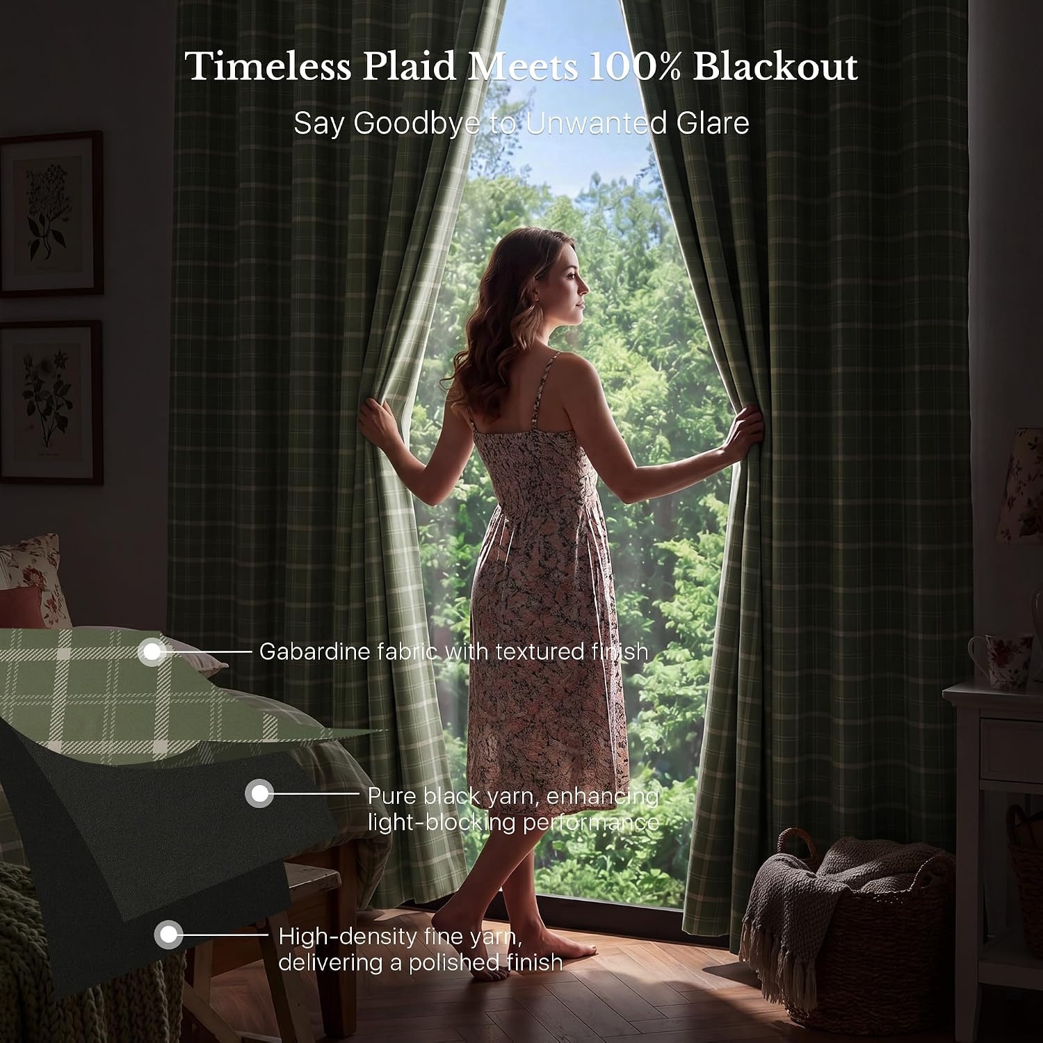 image:imageNICETOWN Taupe 100 Blackout Plaid Cabin Buffalo Gingham Curtain 52W x 84LPlaid Olive Green White