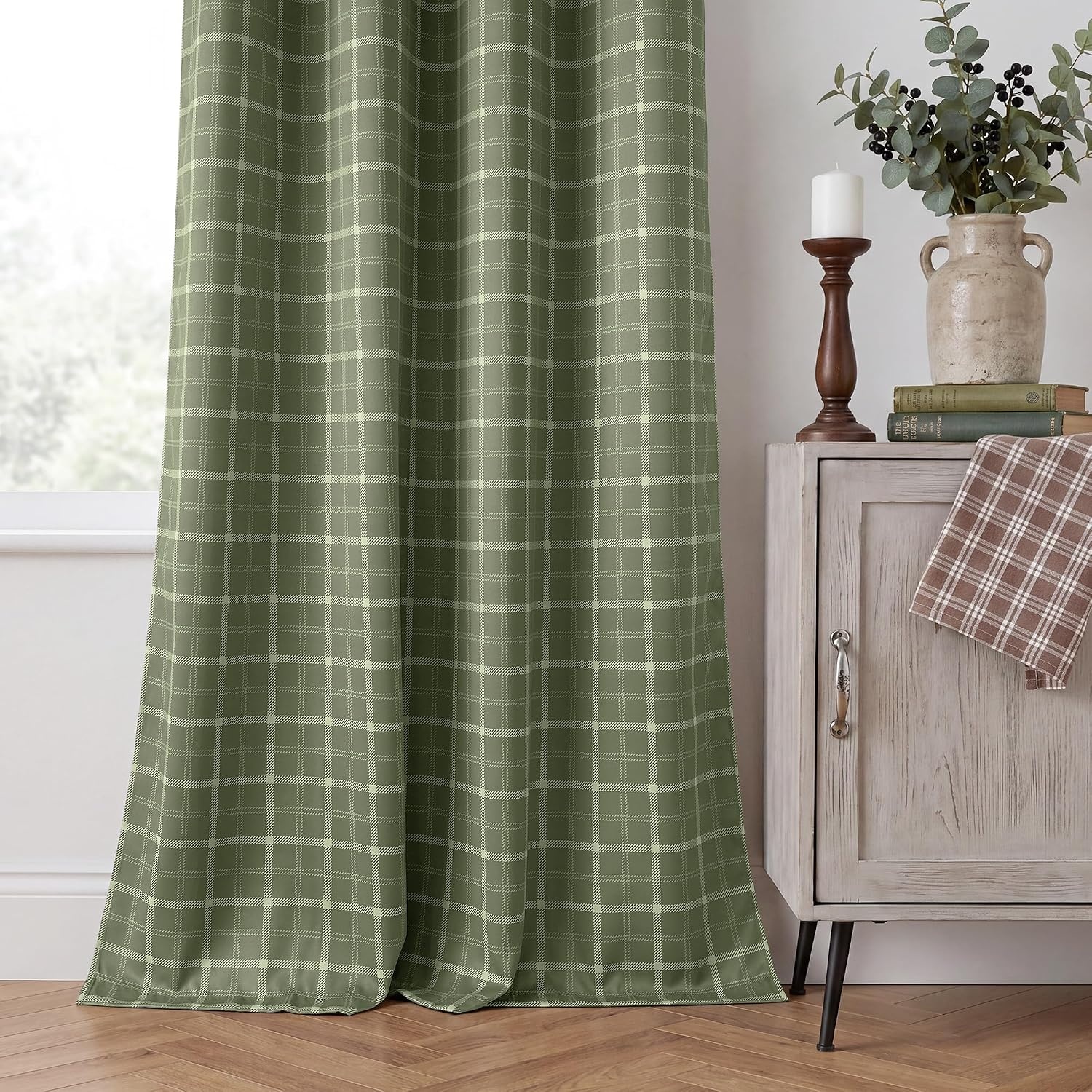 image:imageNICETOWN Taupe 100 Blackout Plaid Cabin Buffalo Gingham Curtain 52W x 84LPlaid Olive Green White