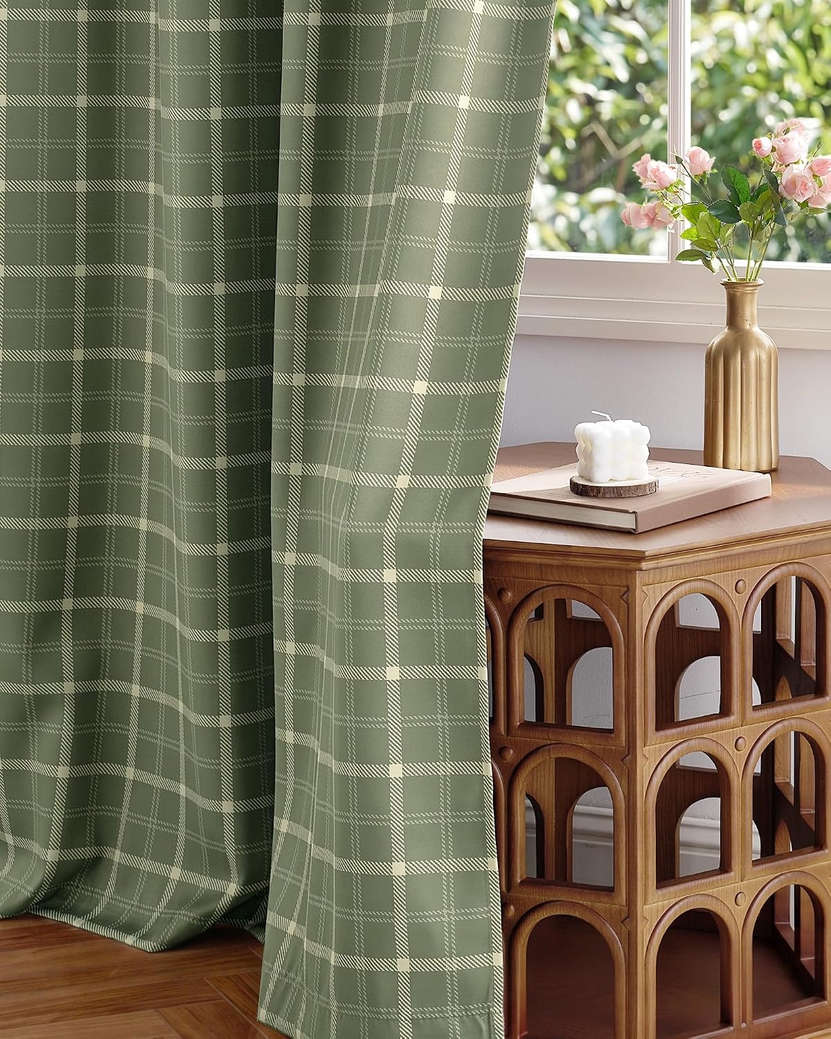 image:imageNICETOWN Taupe 100 Blackout Plaid Cabin Buffalo Gingham Curtain 52W x 84LPlaid Olive Green White