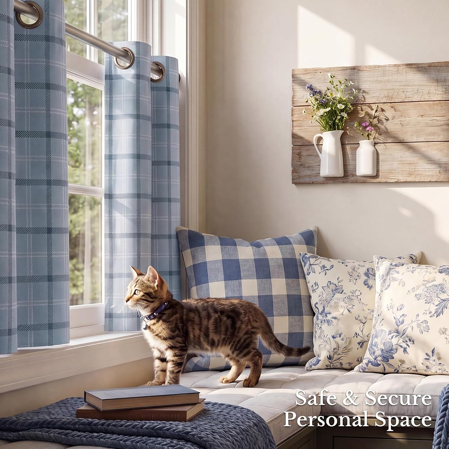 image:imageNICETOWN Taupe 100 Blackout Plaid Cabin Buffalo Gingham Curtain 52W x 84LPlaid Sea Blue White
