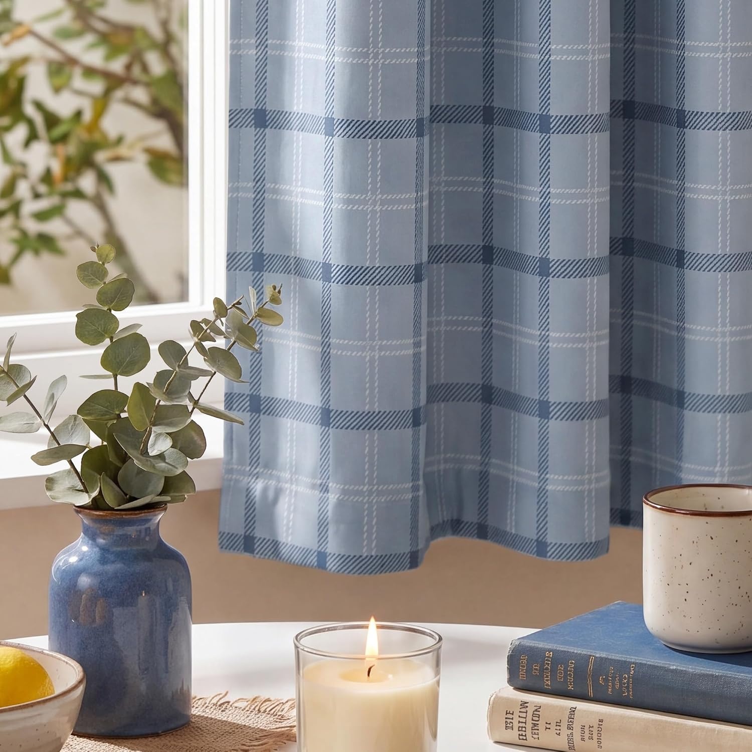 image:imageNICETOWN Taupe 100 Blackout Plaid Cabin Buffalo Gingham Curtain 52W x 84LPlaid Sea Blue White