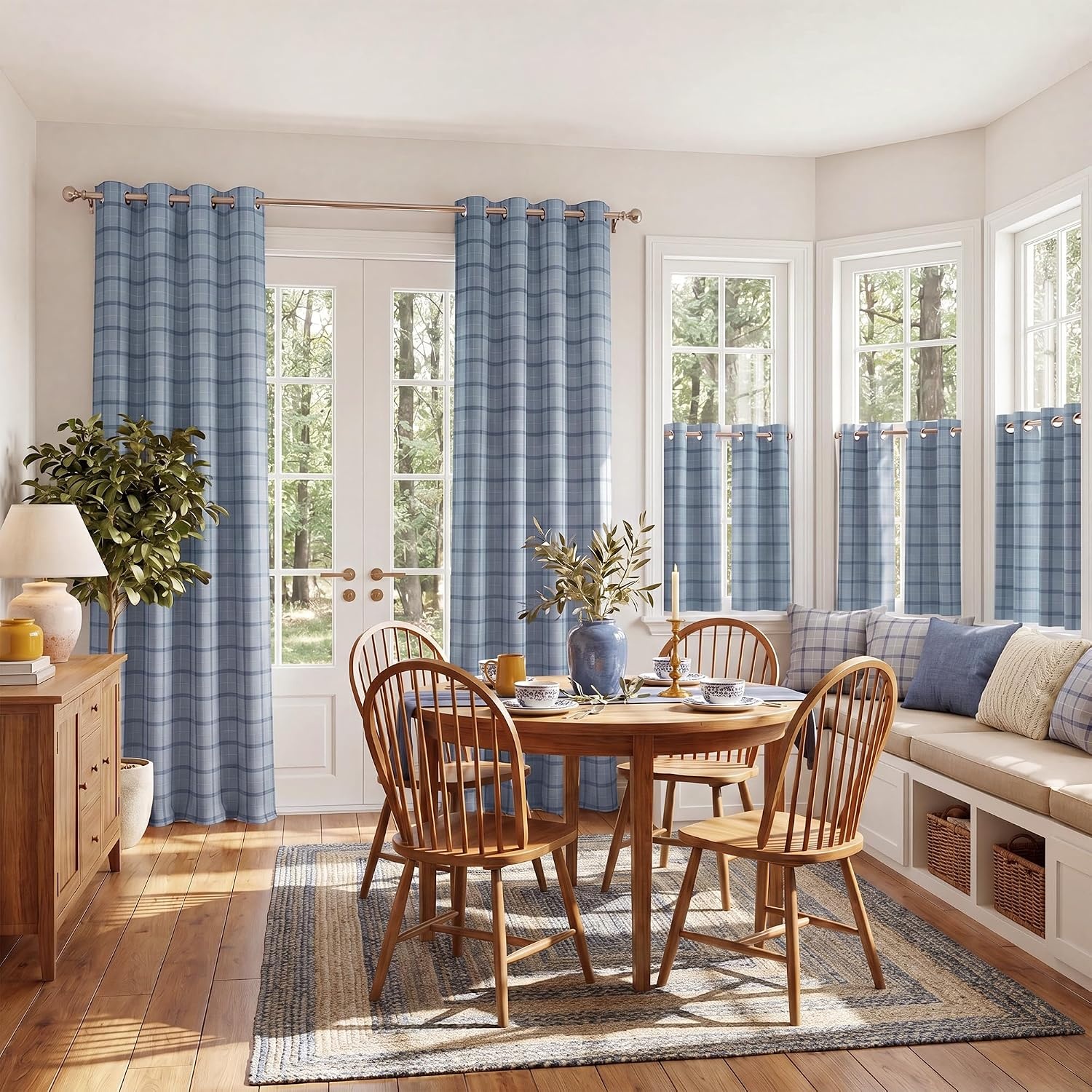 image:imageNICETOWN Taupe 100 Blackout Plaid Cabin Buffalo Gingham Curtain 52W x 84LPlaid Sea Blue White