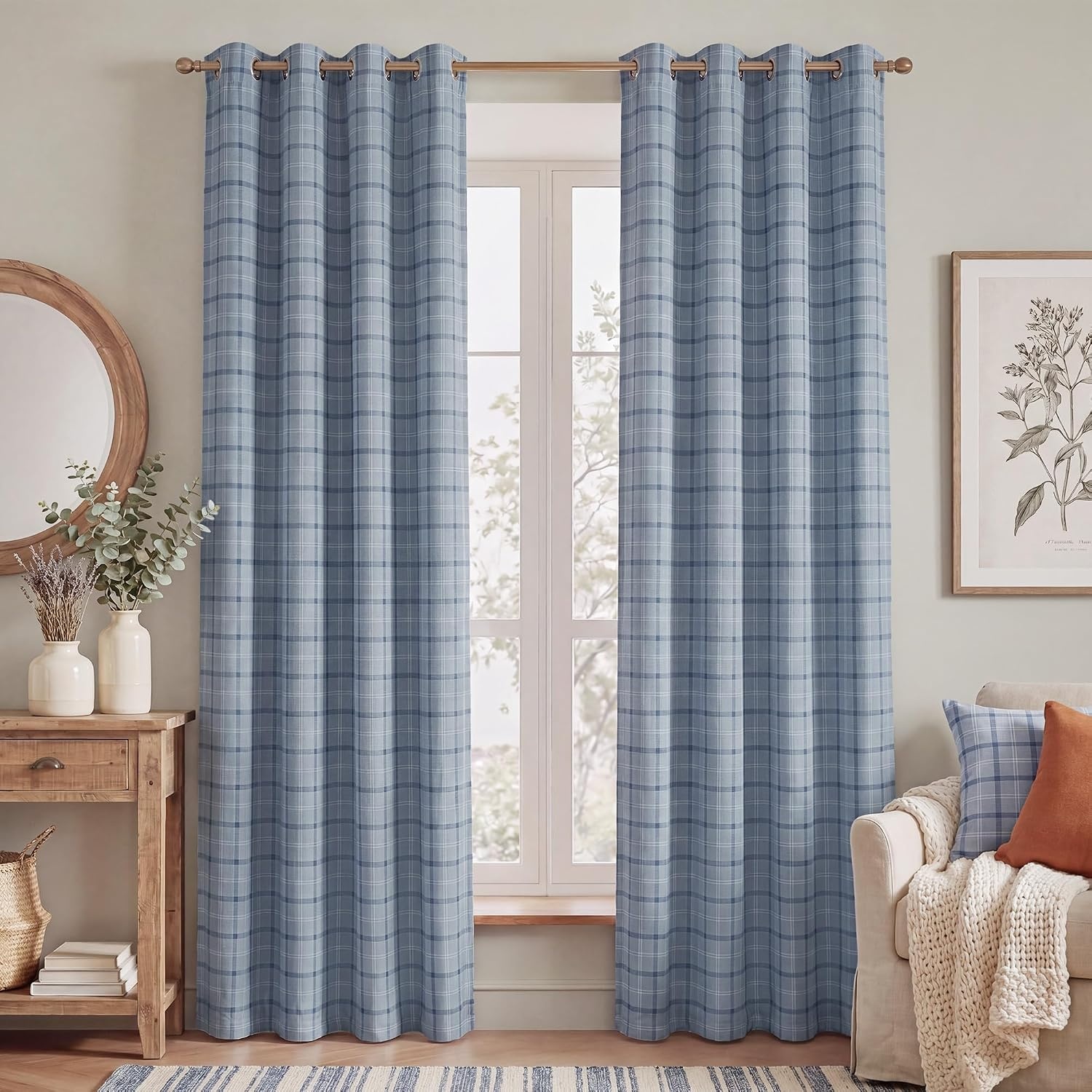 image:imageNICETOWN Taupe 100 Blackout Plaid Cabin Buffalo Gingham Curtain 52W x 84LPlaid Sea Blue White