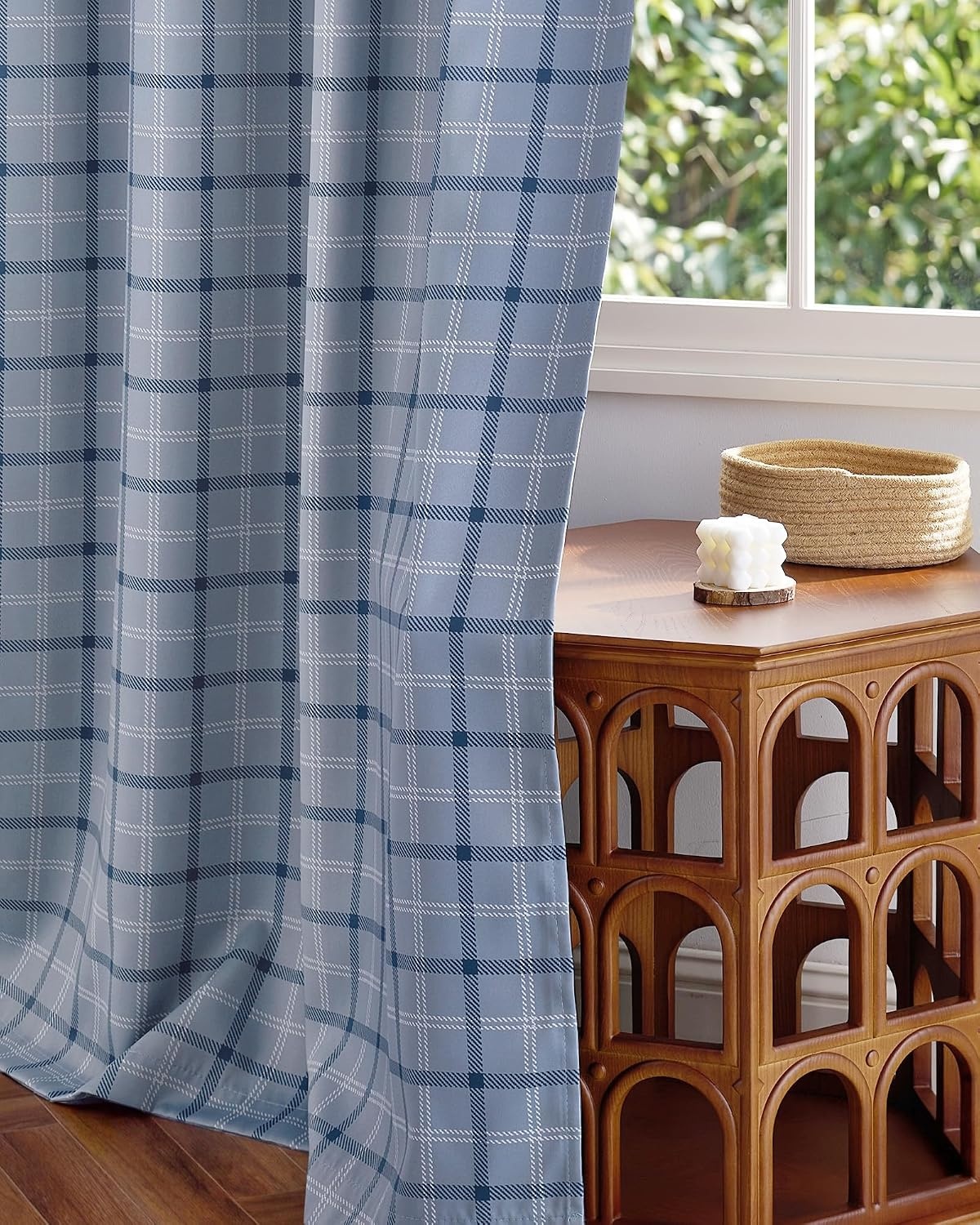 image:imageNICETOWN Taupe 100 Blackout Plaid Cabin Buffalo Gingham Curtain 52W x 84LPlaid Sea Blue White