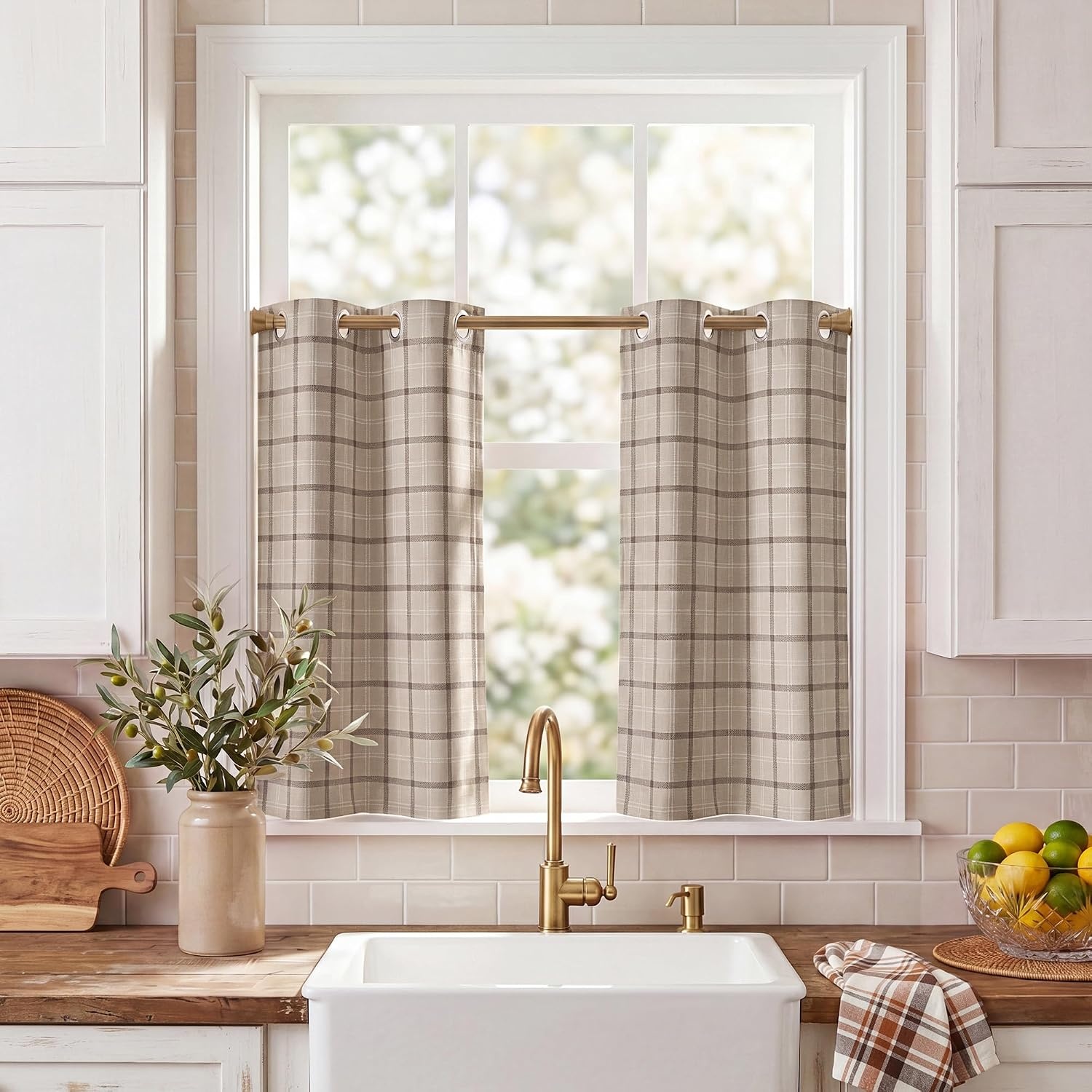 image:imageNICETOWN Taupe 100 Blackout Plaid Cabin Buffalo Gingham Curtain 52W x 84LPlaid Taupe White