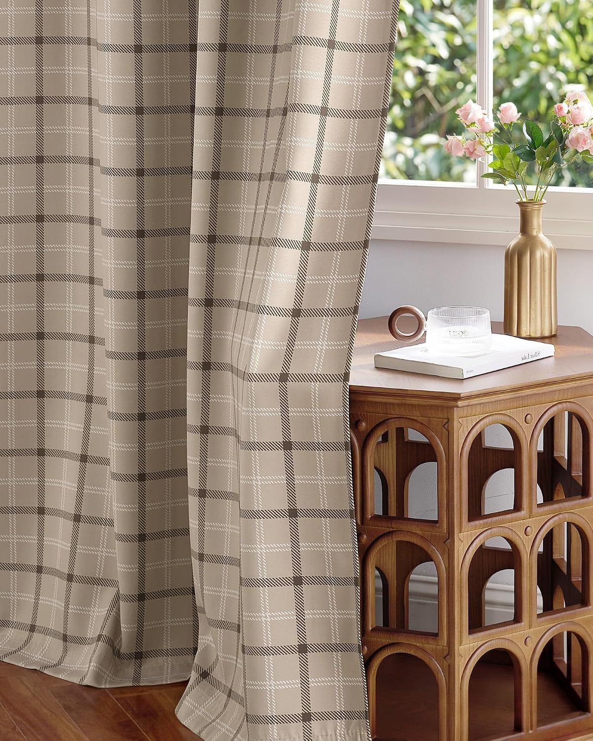 image:imageNICETOWN Taupe 100 Blackout Plaid Cabin Buffalo Gingham Curtain 52W x 84LPlaid Taupe White