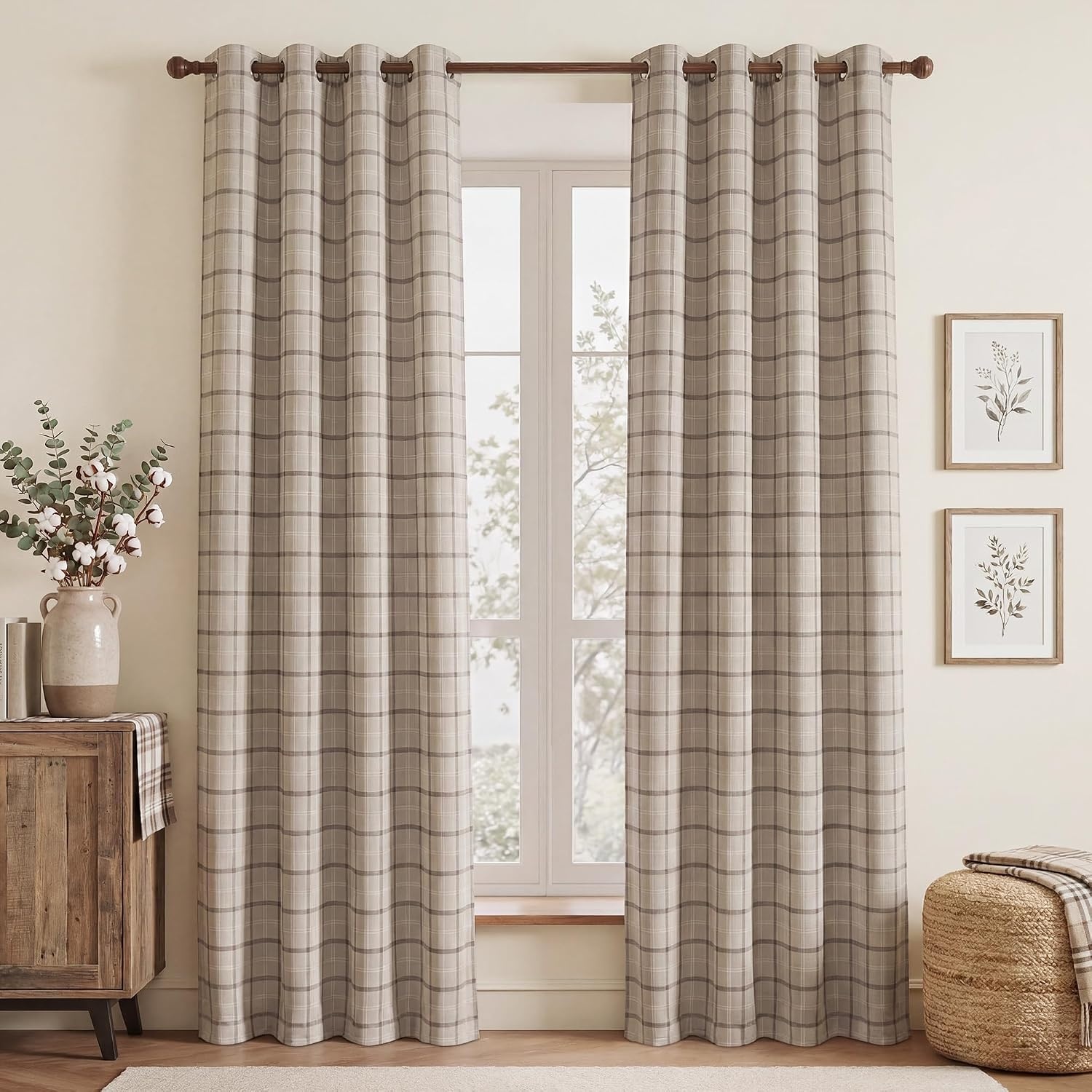 image:imageNICETOWN Taupe 100 Blackout Plaid Cabin Buffalo Gingham Curtain 52W x 84LPlaid Taupe White