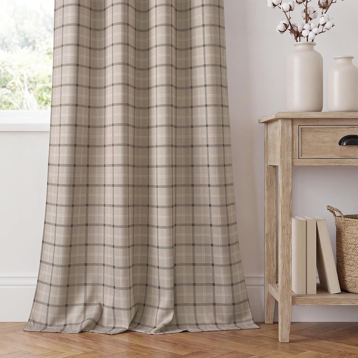 image:imageNICETOWN Taupe 100 Blackout Plaid Cabin Buffalo Gingham Curtain 52W x 84LPlaid Taupe White