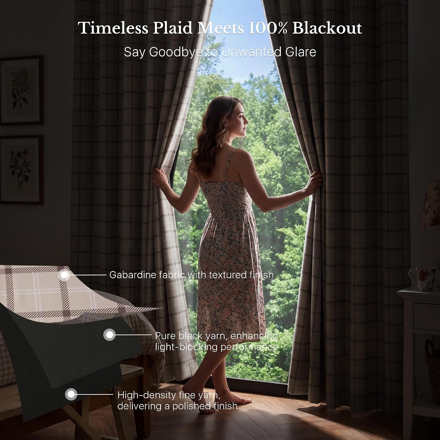 image:imageNICETOWN Taupe 100 Blackout Plaid Cabin Buffalo Gingham Curtain 52W x 84LPlaid Taupe White