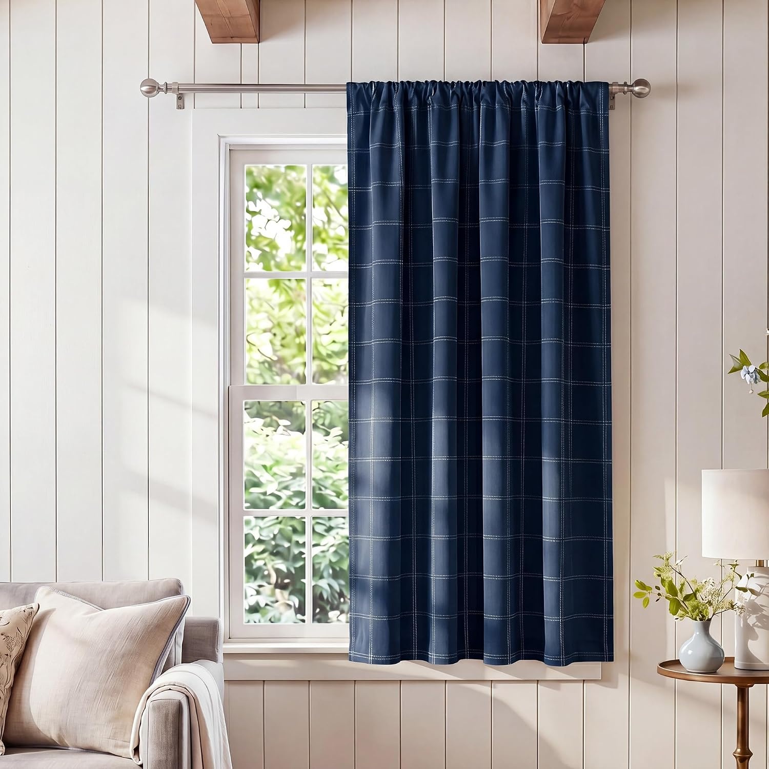 image:imageNICETOWN Taupe Fall Farmhouse Plaid 100 Blackout Ballon Shades 34W x 45LGrid Pattern Dark Blue White