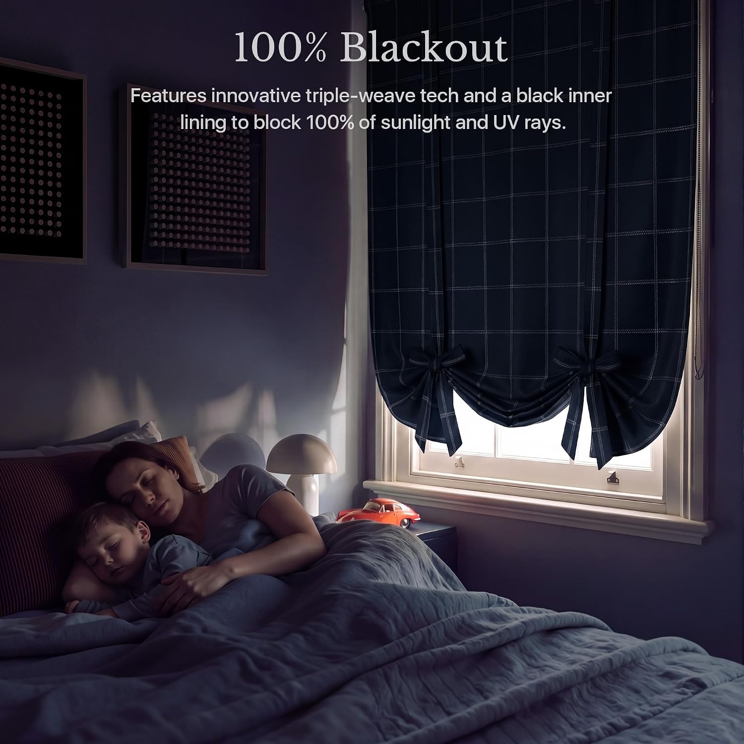 image:imageNICETOWN Taupe Fall Farmhouse Plaid 100 Blackout Ballon Shades 34W x 45LGrid Pattern Dark Blue White