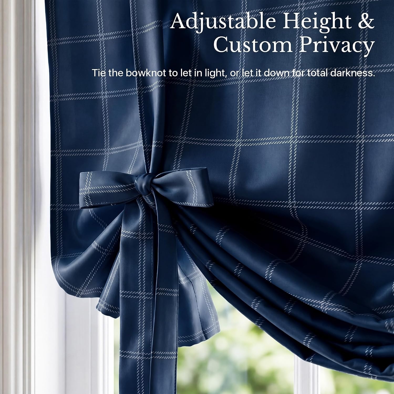 image:imageNICETOWN Taupe Fall Farmhouse Plaid 100 Blackout Ballon Shades 34W x 45LGrid Pattern Dark Blue White