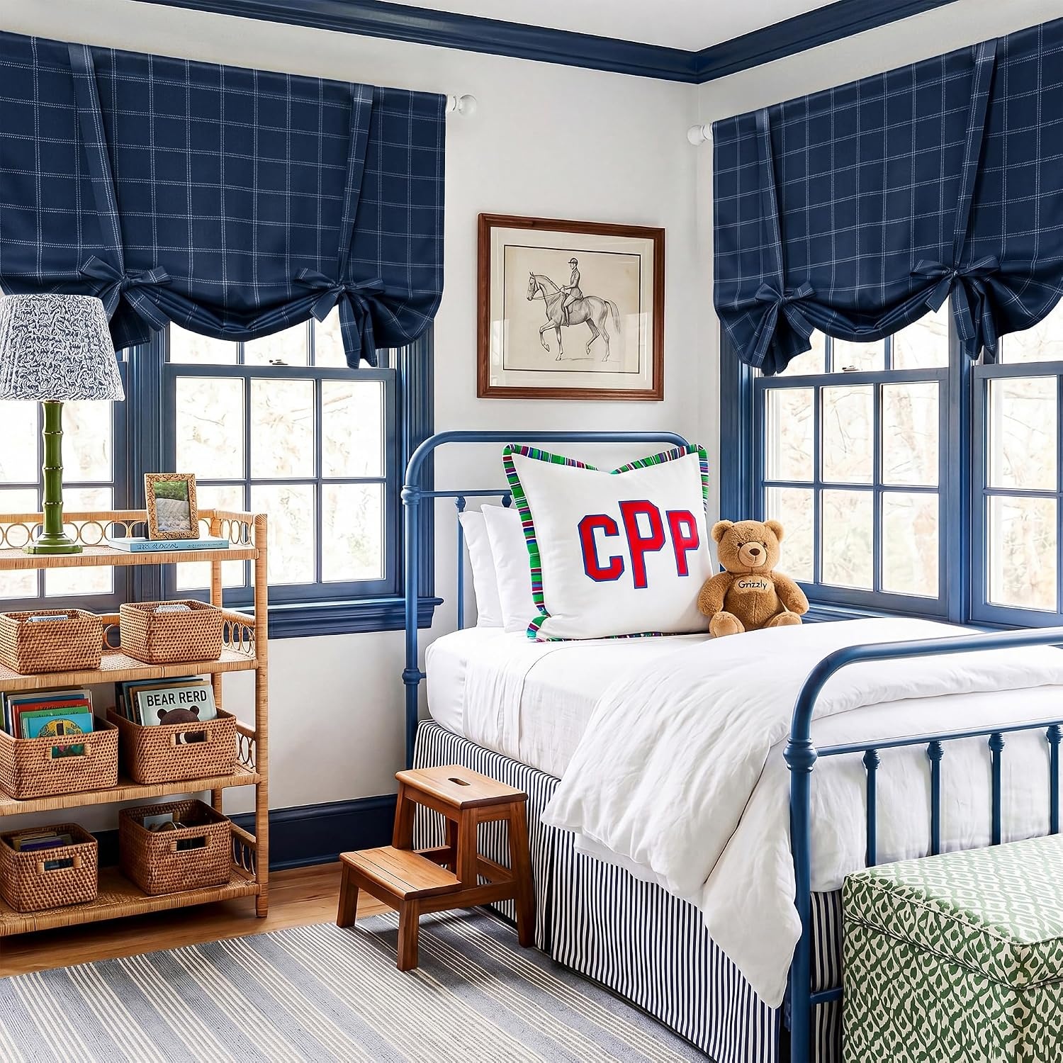 image:imageNICETOWN Taupe Fall Farmhouse Plaid 100 Blackout Ballon Shades 34W x 45LGrid Pattern Dark Blue White