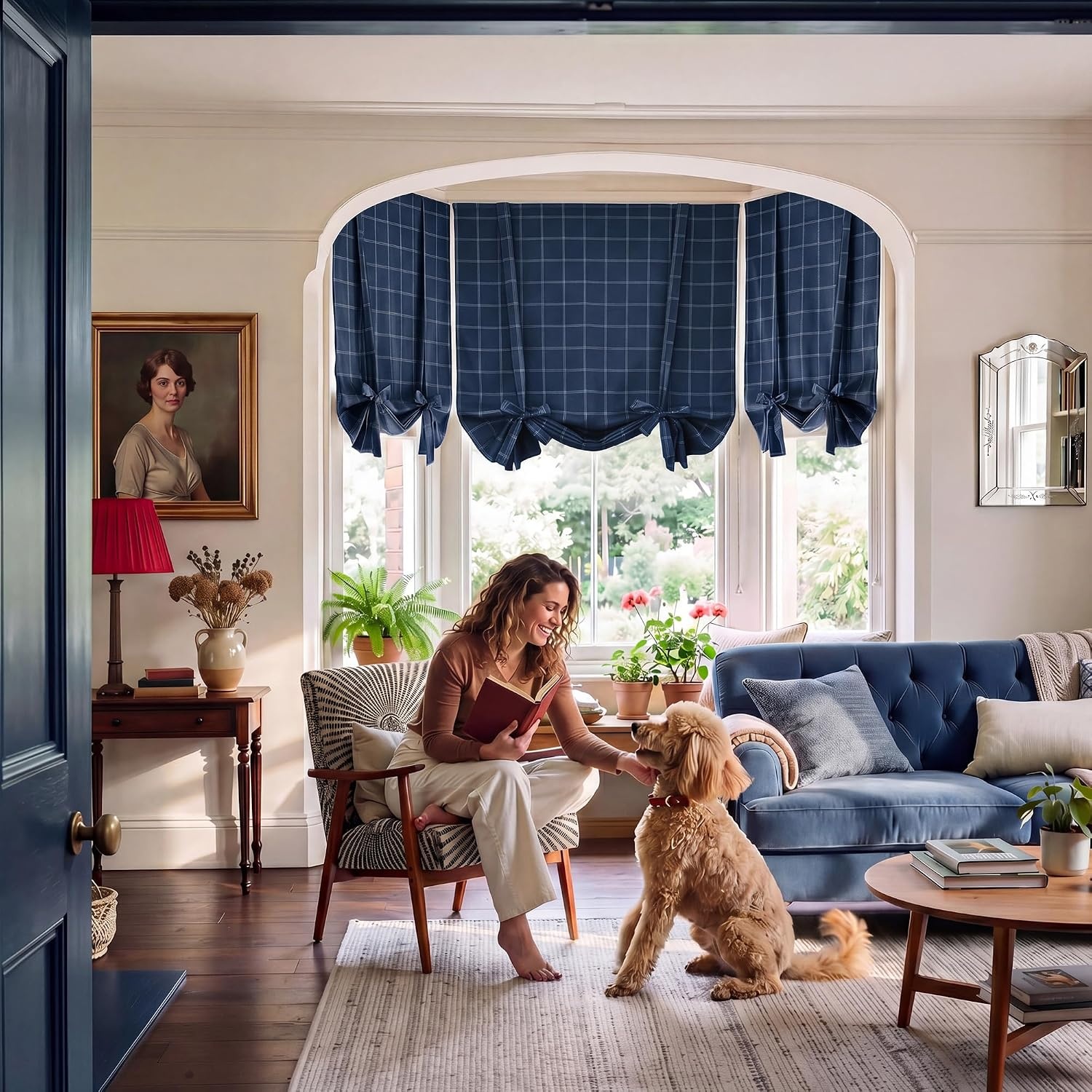 image:imageNICETOWN Taupe Fall Farmhouse Plaid 100 Blackout Ballon Shades 34W x 45LGrid Pattern Dark Blue White