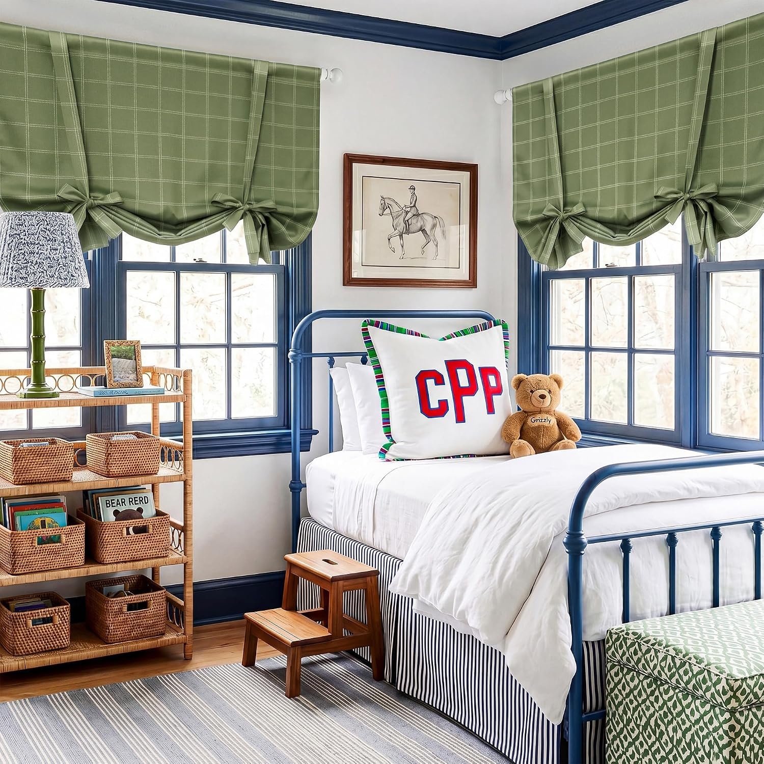 image:imageNICETOWN Taupe Fall Farmhouse Plaid 100 Blackout Ballon Shades 34W x 45LGrid Pattern Olive Green White
