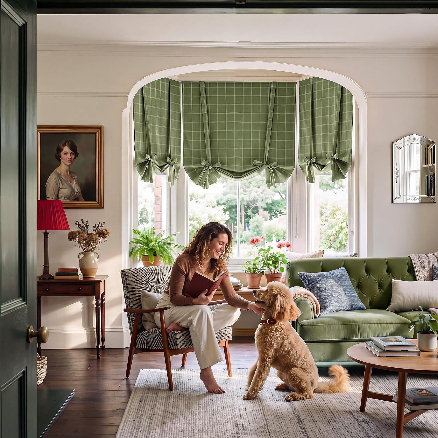 image:imageNICETOWN Taupe Fall Farmhouse Plaid 100 Blackout Ballon Shades 34W x 45LGrid Pattern Olive Green White