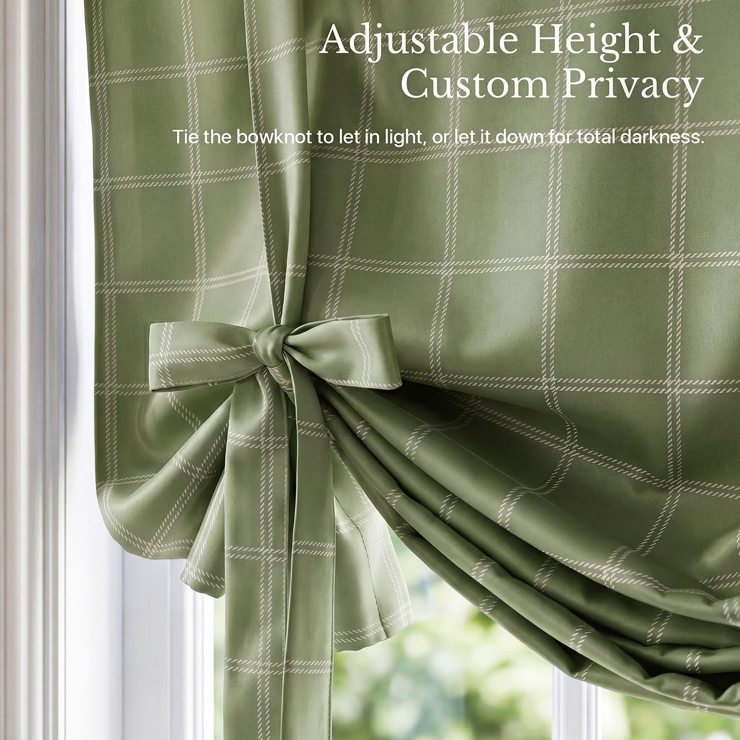 image:imageNICETOWN Taupe Fall Farmhouse Plaid 100 Blackout Ballon Shades 34W x 45LGrid Pattern Olive Green White