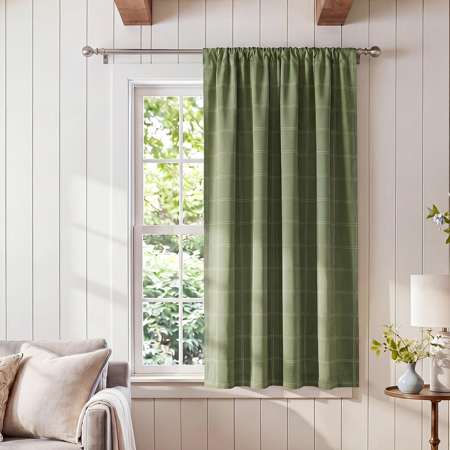 image:imageNICETOWN Taupe Fall Farmhouse Plaid 100 Blackout Ballon Shades 34W x 45LGrid Pattern Olive Green White