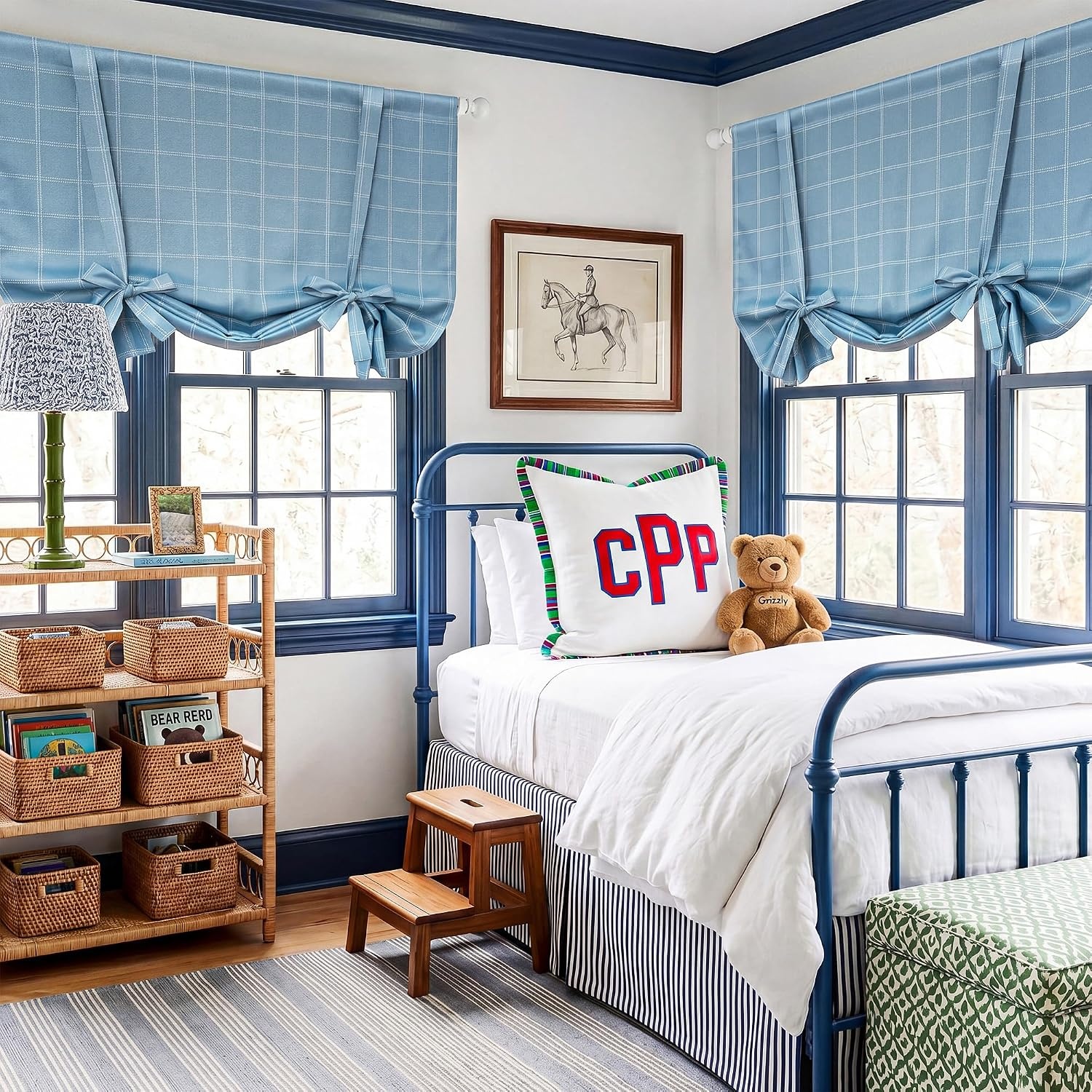 image:imageNICETOWN Taupe Fall Farmhouse Plaid 100 Blackout Ballon Shades 34W x 45LGrid Pattern Sea Blue White
