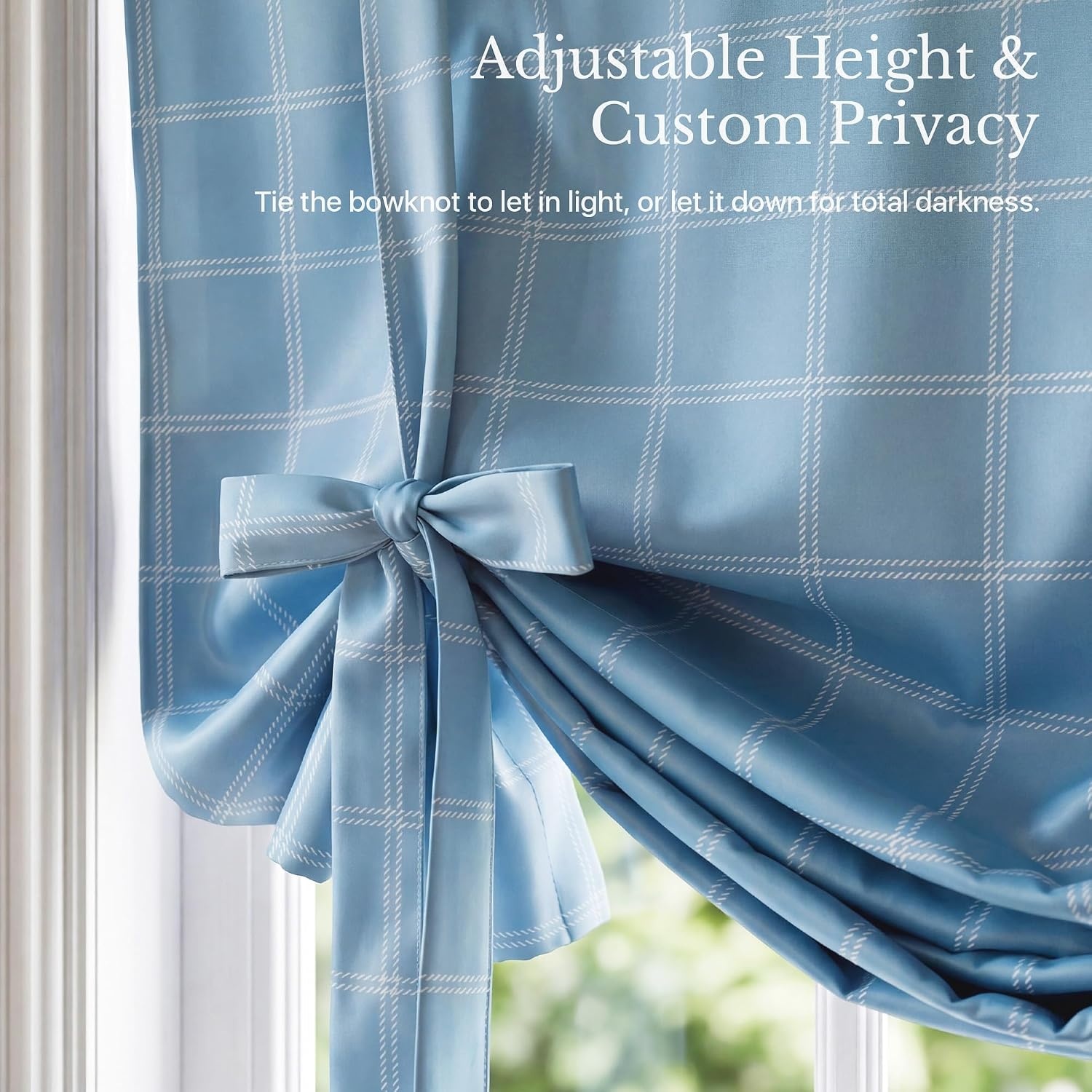 image:imageNICETOWN Taupe Fall Farmhouse Plaid 100 Blackout Ballon Shades 34W x 45LGrid Pattern Sea Blue White