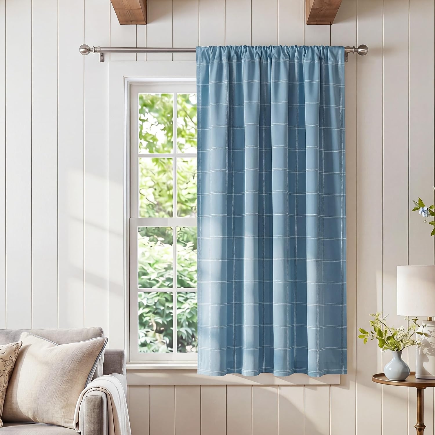 image:imageNICETOWN Taupe Fall Farmhouse Plaid 100 Blackout Ballon Shades 34W x 45LGrid Pattern Sea Blue White