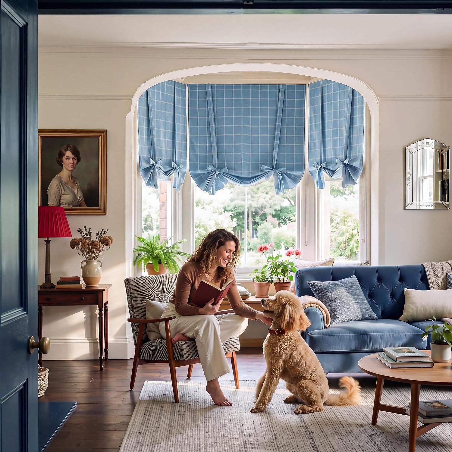 image:imageNICETOWN Taupe Fall Farmhouse Plaid 100 Blackout Ballon Shades 34W x 45LGrid Pattern Sea Blue White
