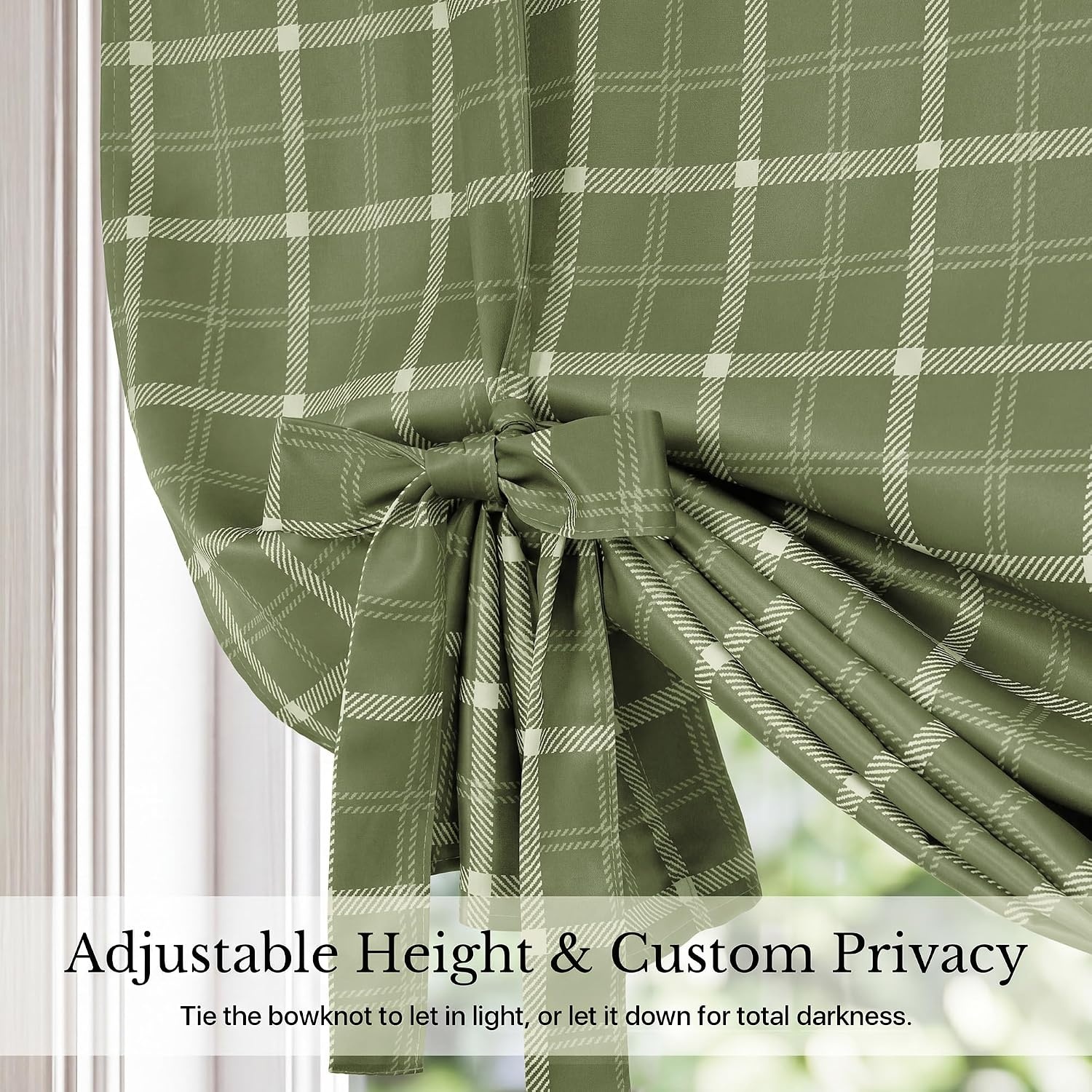image:imageNICETOWN Taupe Fall Farmhouse Plaid 100 Blackout Ballon Shades 34W x 45LPlaid Olive Green White