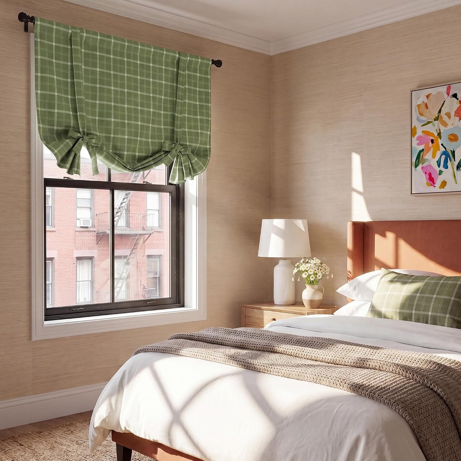 image:imageNICETOWN Taupe Fall Farmhouse Plaid 100 Blackout Ballon Shades 34W x 45LPlaid Olive Green White