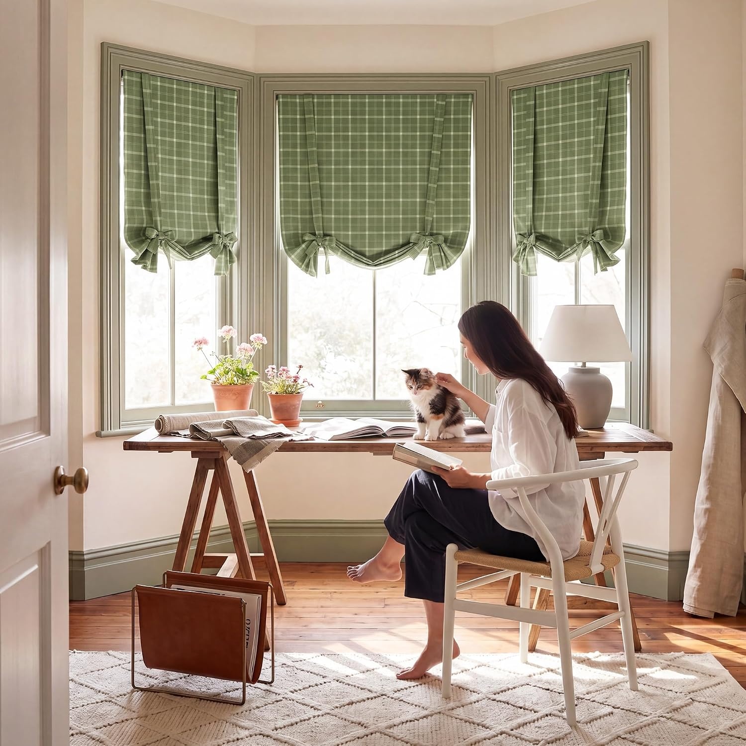image:imageNICETOWN Taupe Fall Farmhouse Plaid 100 Blackout Ballon Shades 34W x 45LPlaid Olive Green White