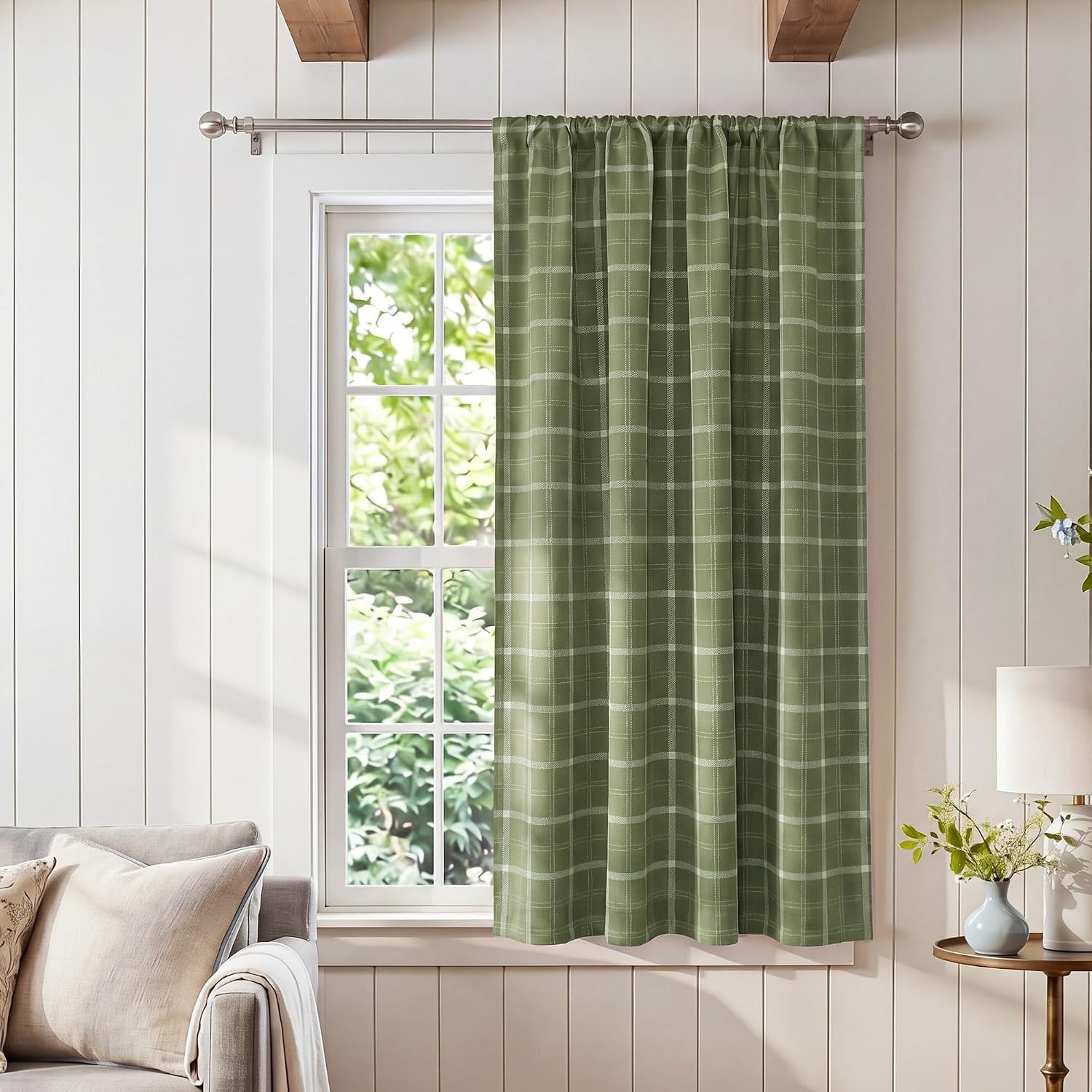image:imageNICETOWN Taupe Fall Farmhouse Plaid 100 Blackout Ballon Shades 34W x 45LPlaid Olive Green White