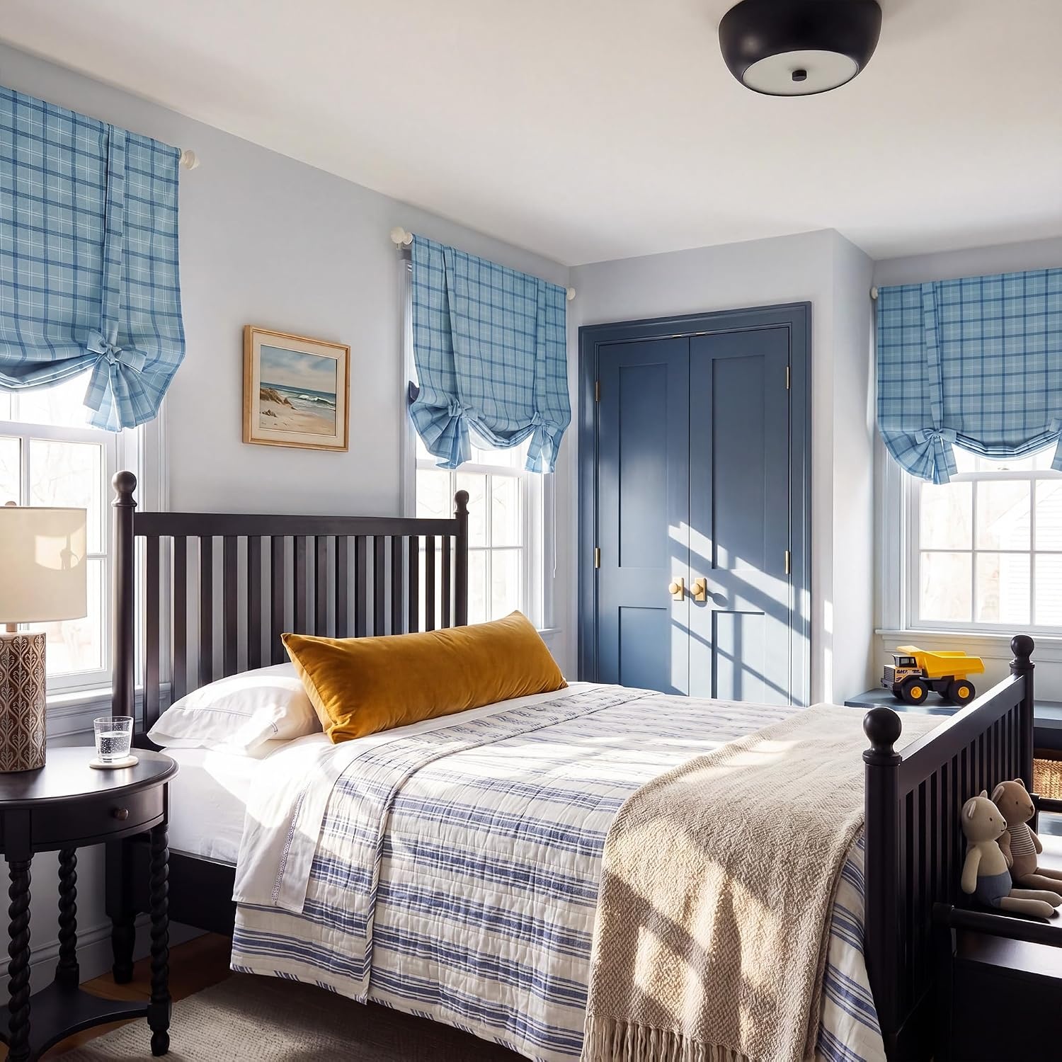 image:imageNICETOWN Taupe Fall Farmhouse Plaid 100 Blackout Ballon Shades 34W x 45LPlaid Sea Blue White