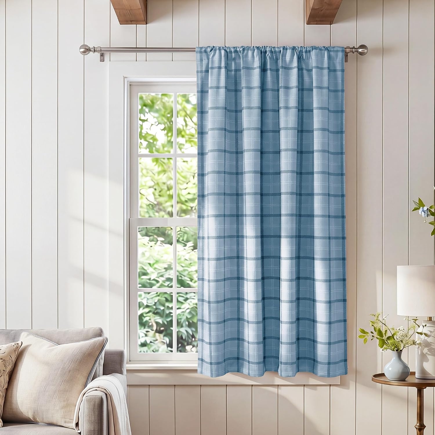 image:imageNICETOWN Taupe Fall Farmhouse Plaid 100 Blackout Ballon Shades 34W x 45LPlaid Sea Blue White