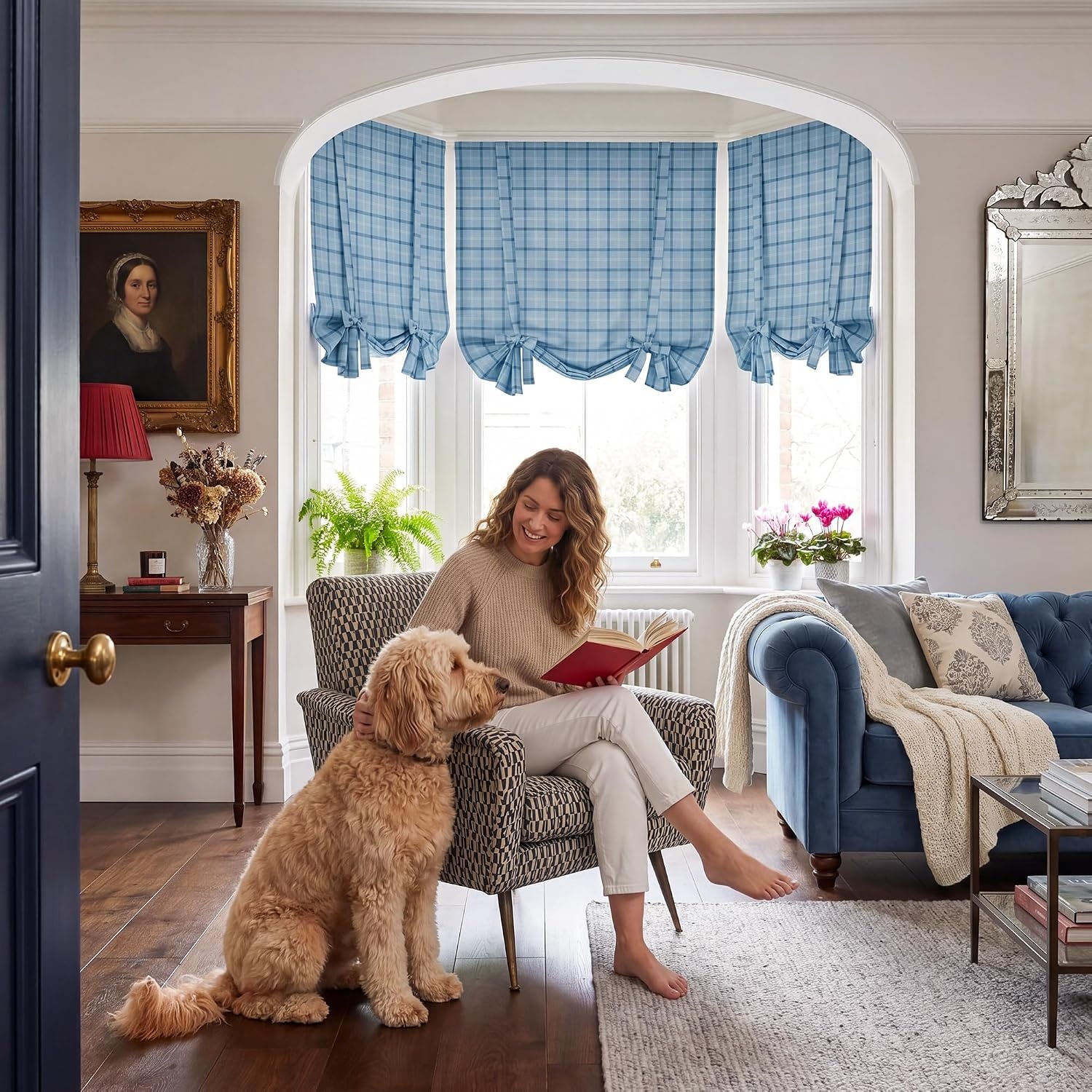 image:imageNICETOWN Taupe Fall Farmhouse Plaid 100 Blackout Ballon Shades 34W x 45LPlaid Sea Blue White