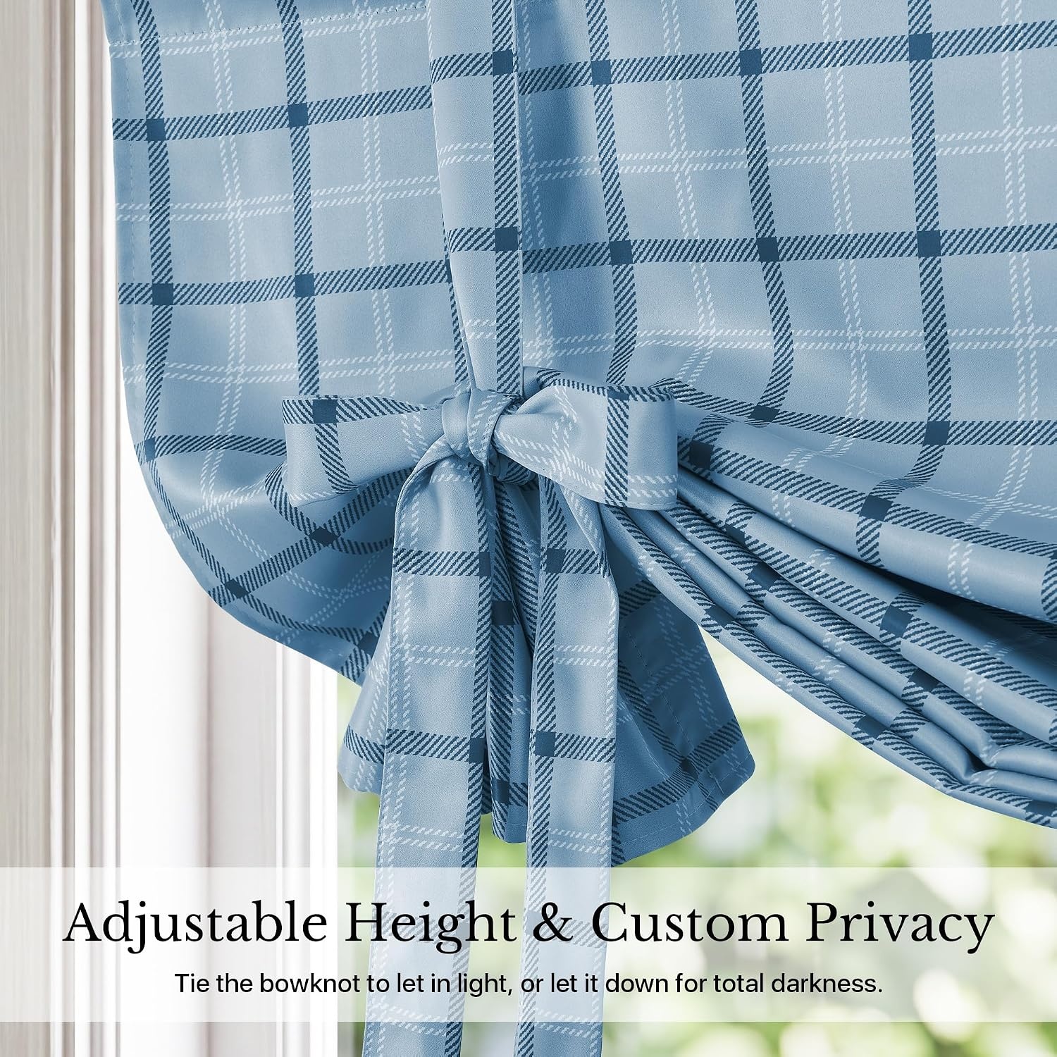 image:imageNICETOWN Taupe Fall Farmhouse Plaid 100 Blackout Ballon Shades 34W x 45LPlaid Sea Blue White