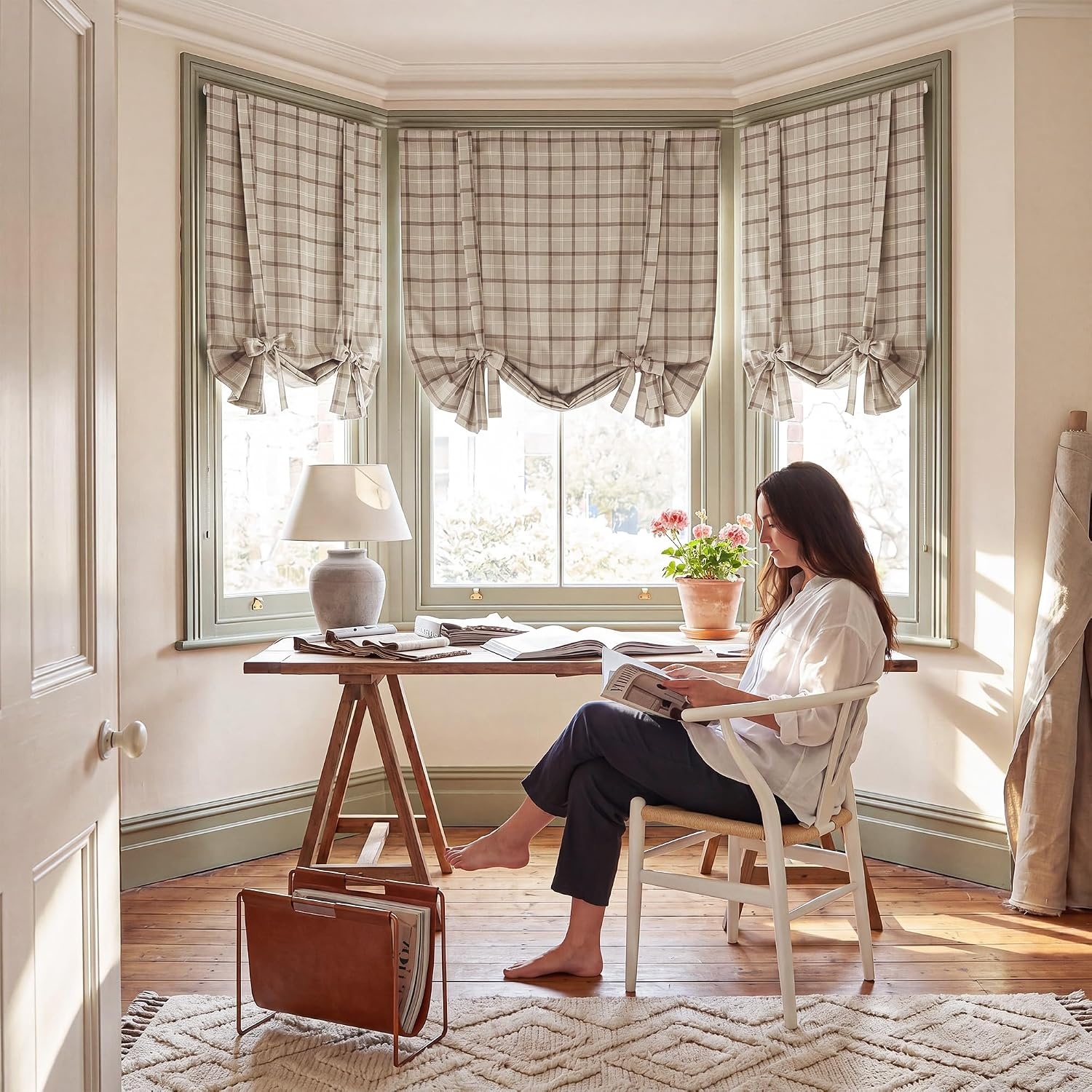 image:imageNICETOWN Taupe Fall Farmhouse Plaid 100 Blackout Ballon Shades 34W x 45LPlaid Taupe White