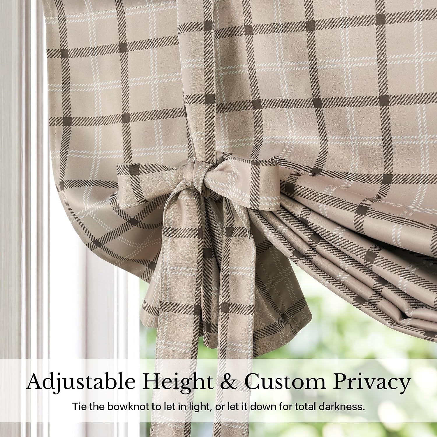 image:imageNICETOWN Taupe Fall Farmhouse Plaid 100 Blackout Ballon Shades 34W x 45LPlaid Taupe White