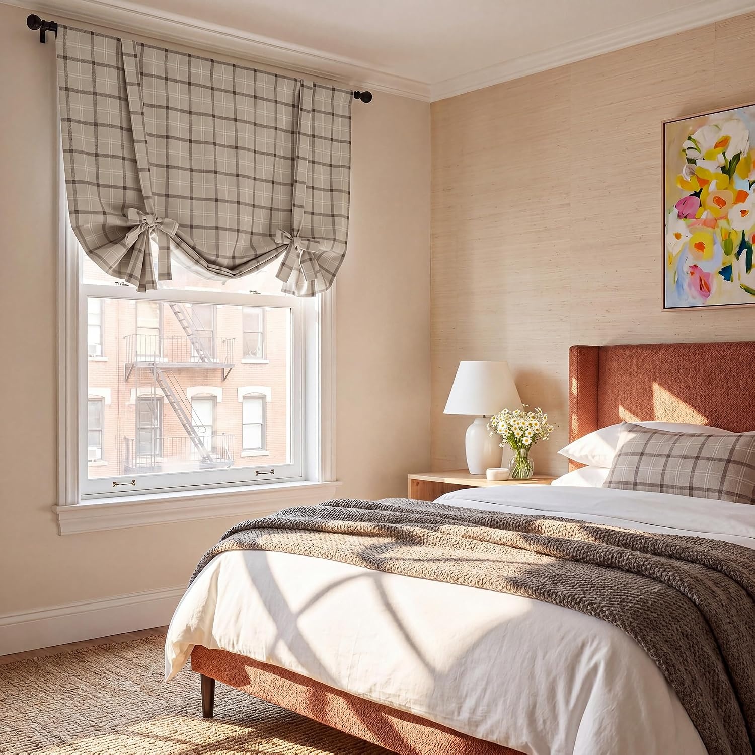 image:imageNICETOWN Taupe Fall Farmhouse Plaid 100 Blackout Ballon Shades 34W x 45LPlaid Taupe White