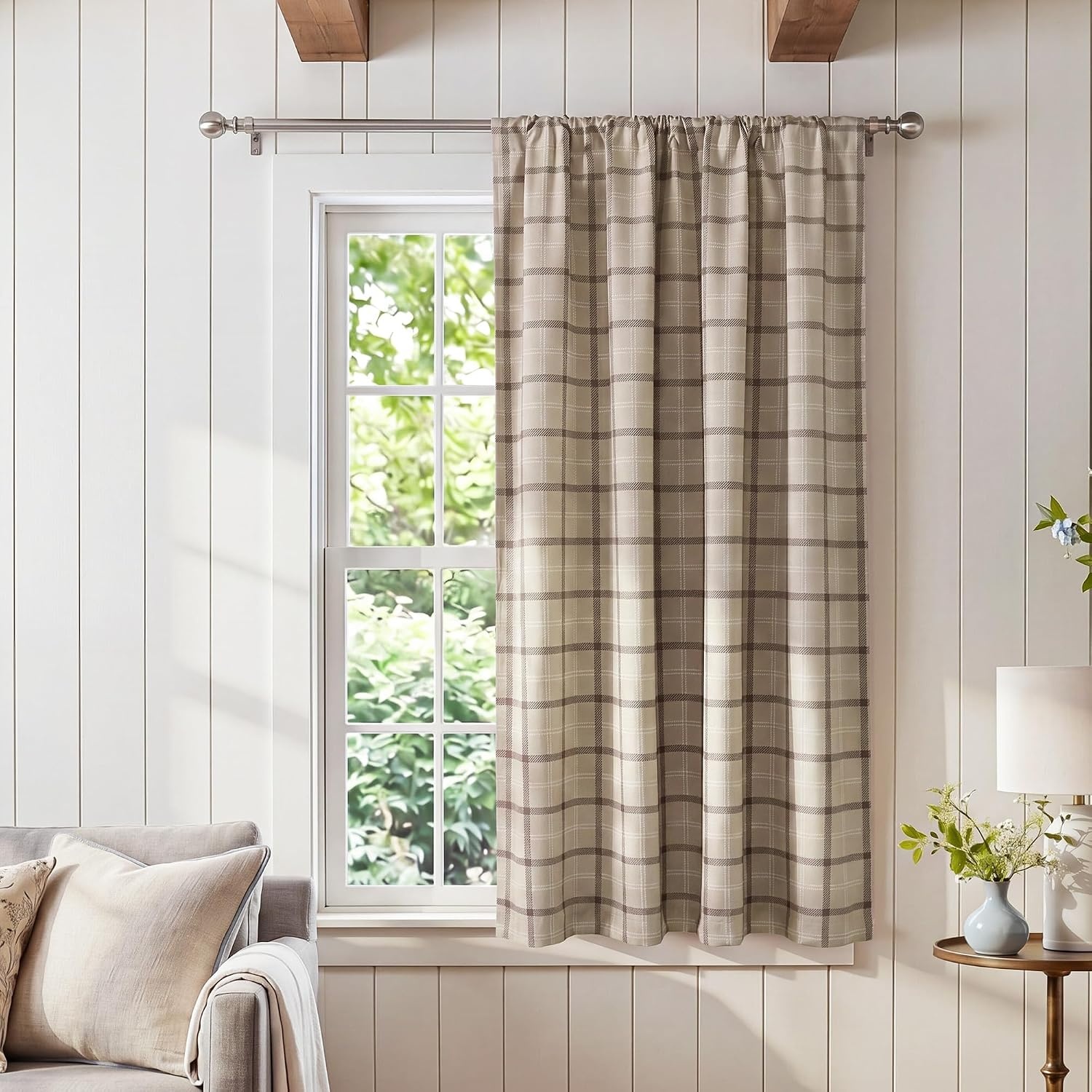 image:imageNICETOWN Taupe Fall Farmhouse Plaid 100 Blackout Ballon Shades 34W x 45LPlaid Taupe White