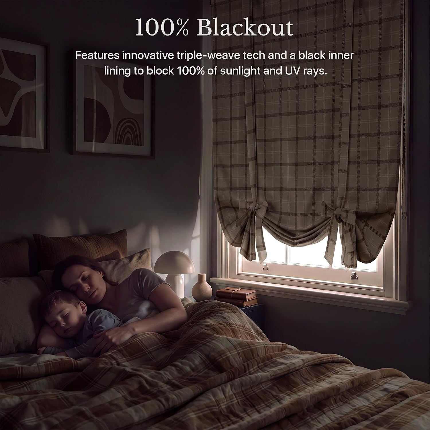 image:imageNICETOWN Taupe Fall Farmhouse Plaid 100 Blackout Ballon Shades 34W x 45LPlaid Taupe White