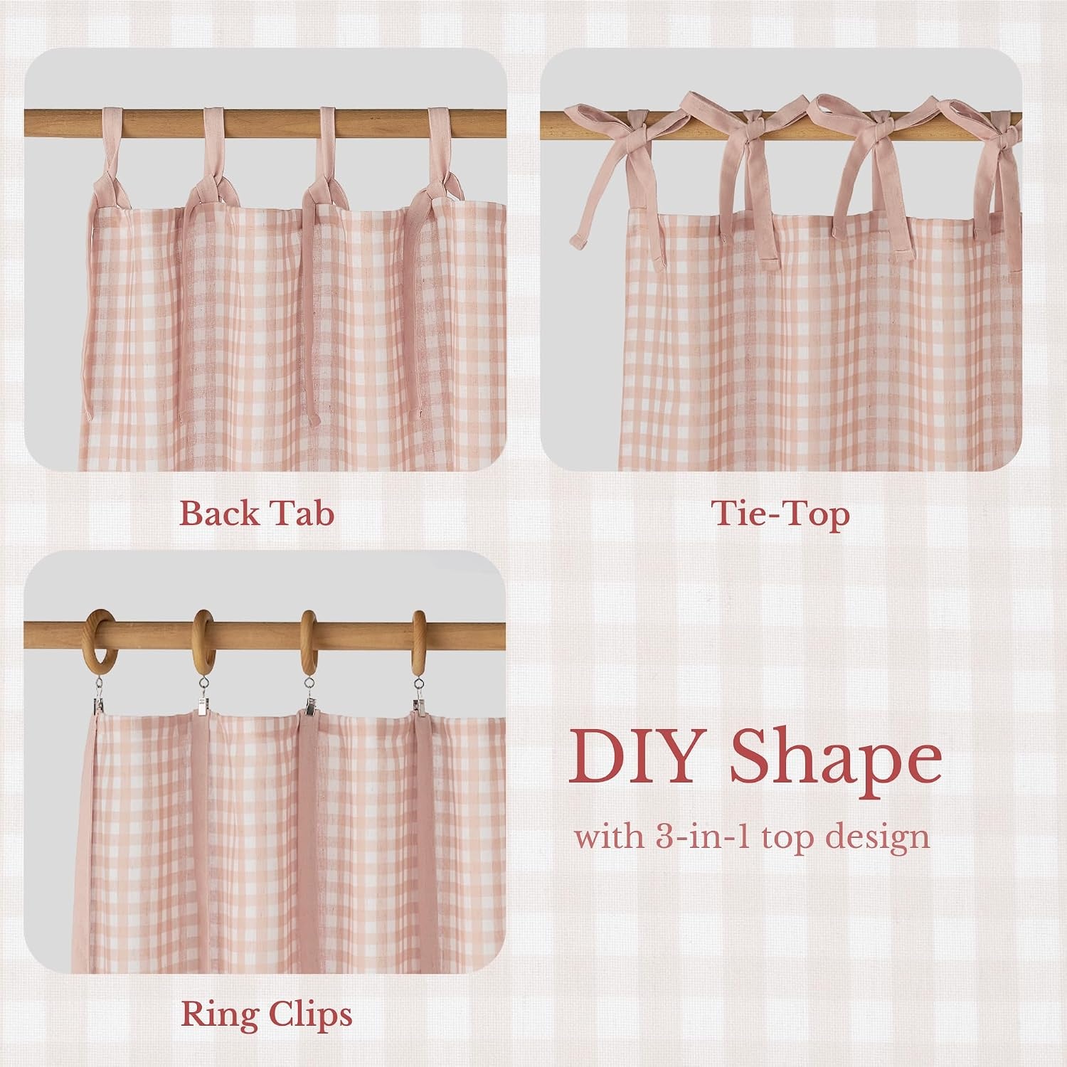 image:imageNICETOWN Tie Top Pink Linen Curtains for Girls Room W52xL84 2 PanelsBlush Pink